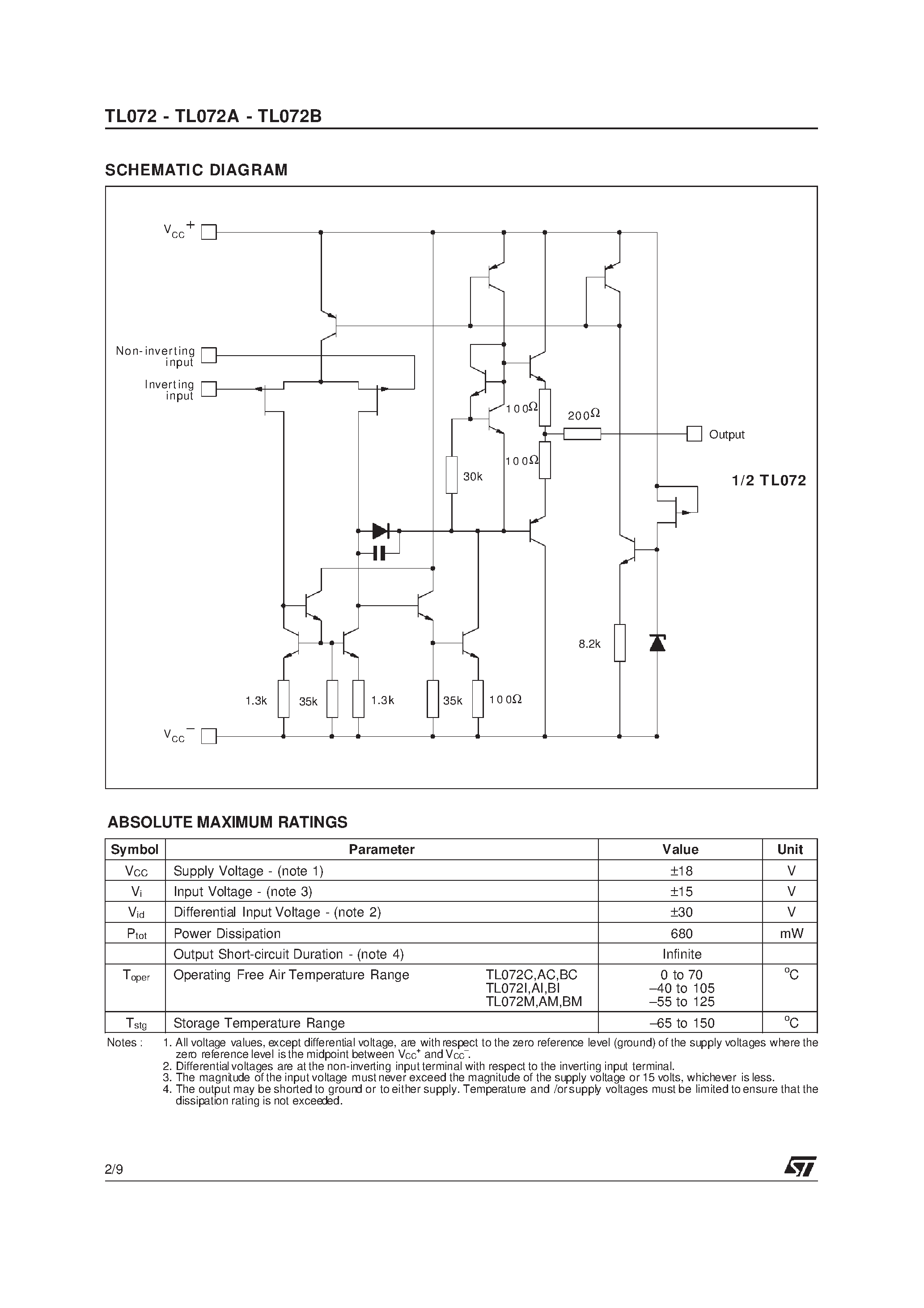 Datasheet TL072 - LOW NOISE J-FET DUAL OPERATIONAL AMPLIFIERS page 2