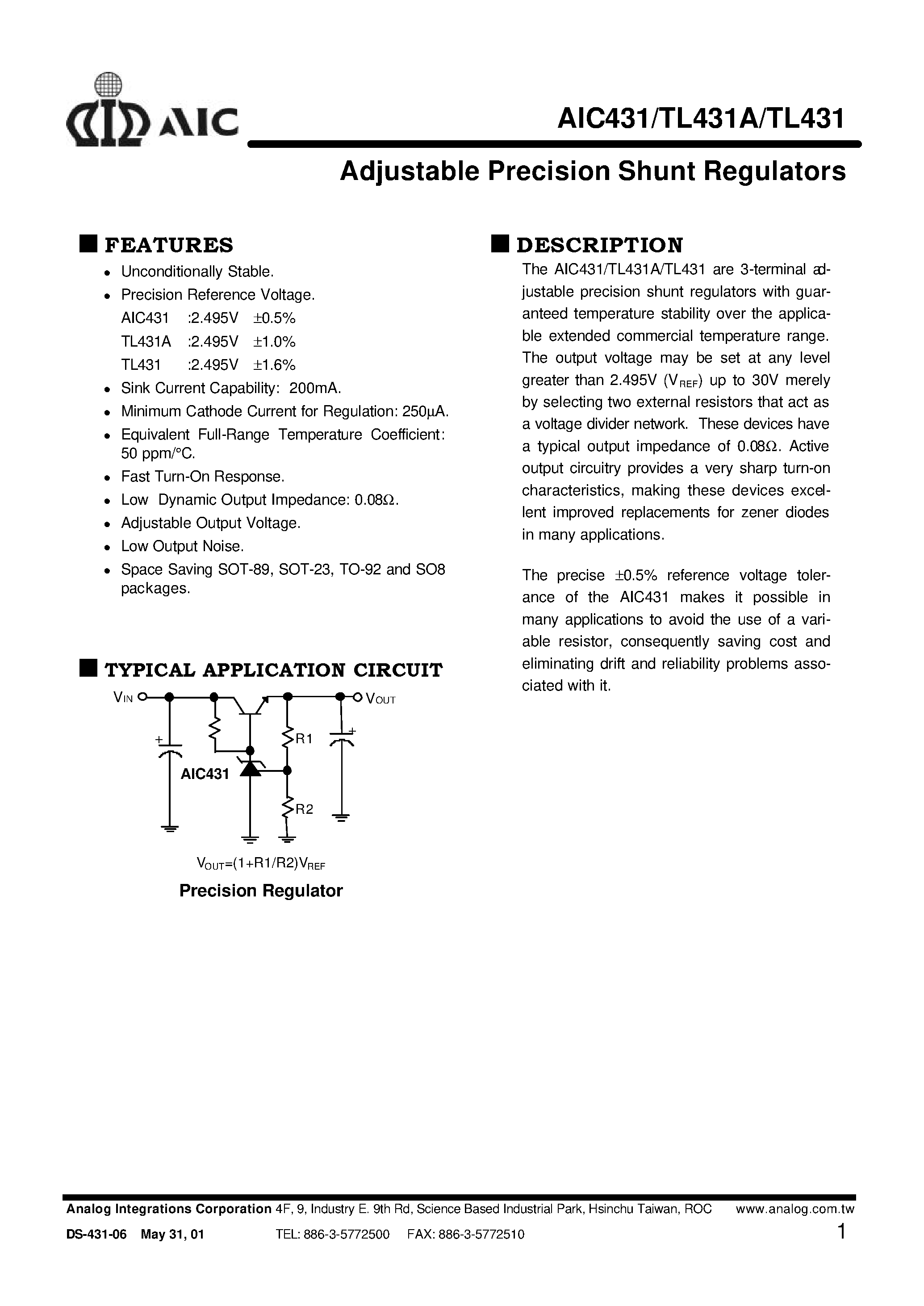 Даташит TL431ACS - Adjustable Precision Shunt Regulators страница 1