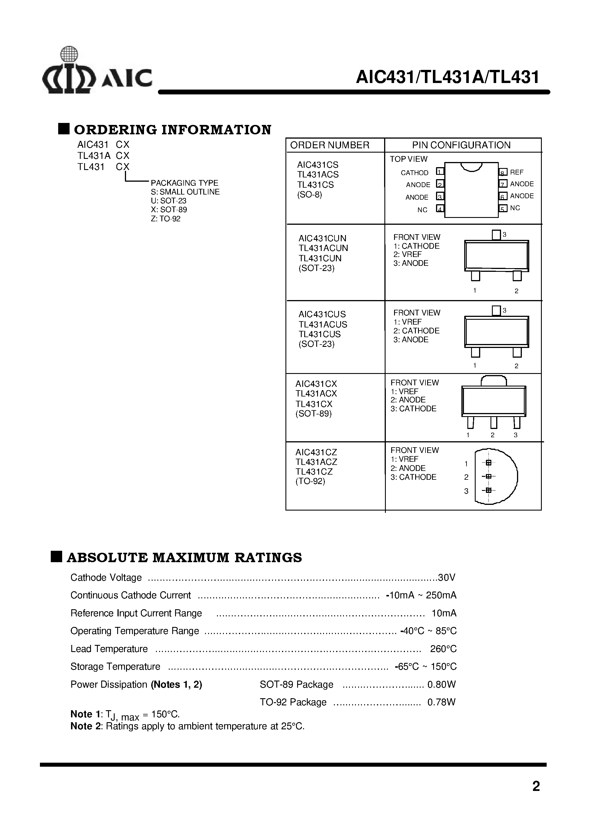 Даташит TL431ACUN - Adjustable Precision Shunt Regulators страница 2