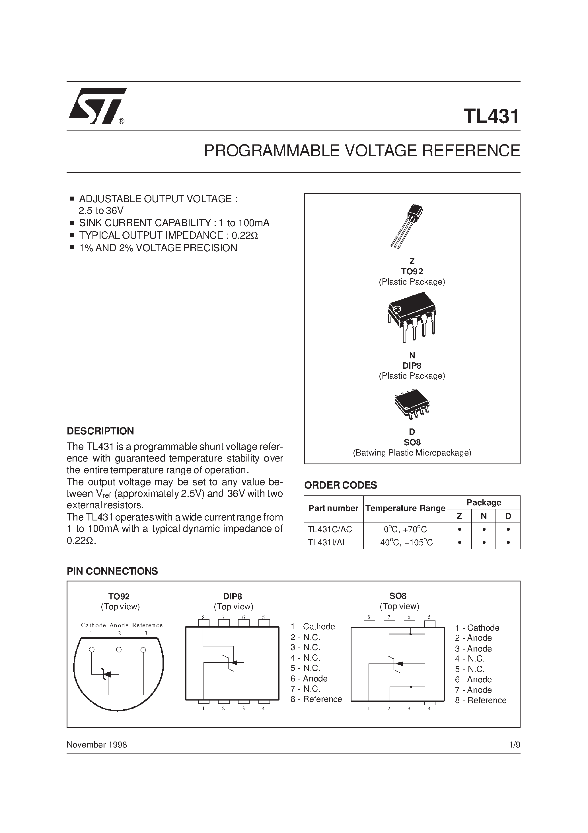 Даташит TL431AIN - PROGRAMMABLE VOLTAGE REFERENCE страница 1