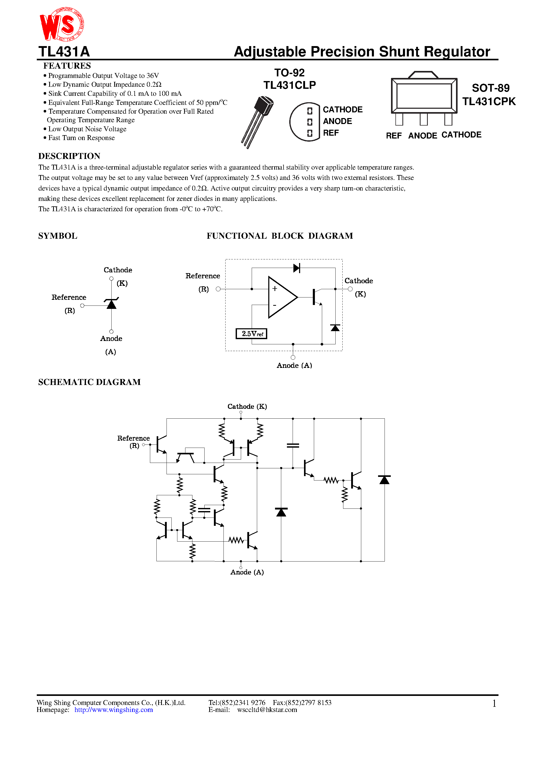 Даташит TL431CLP - Adjustable Precision Shunt Regulator страница 1