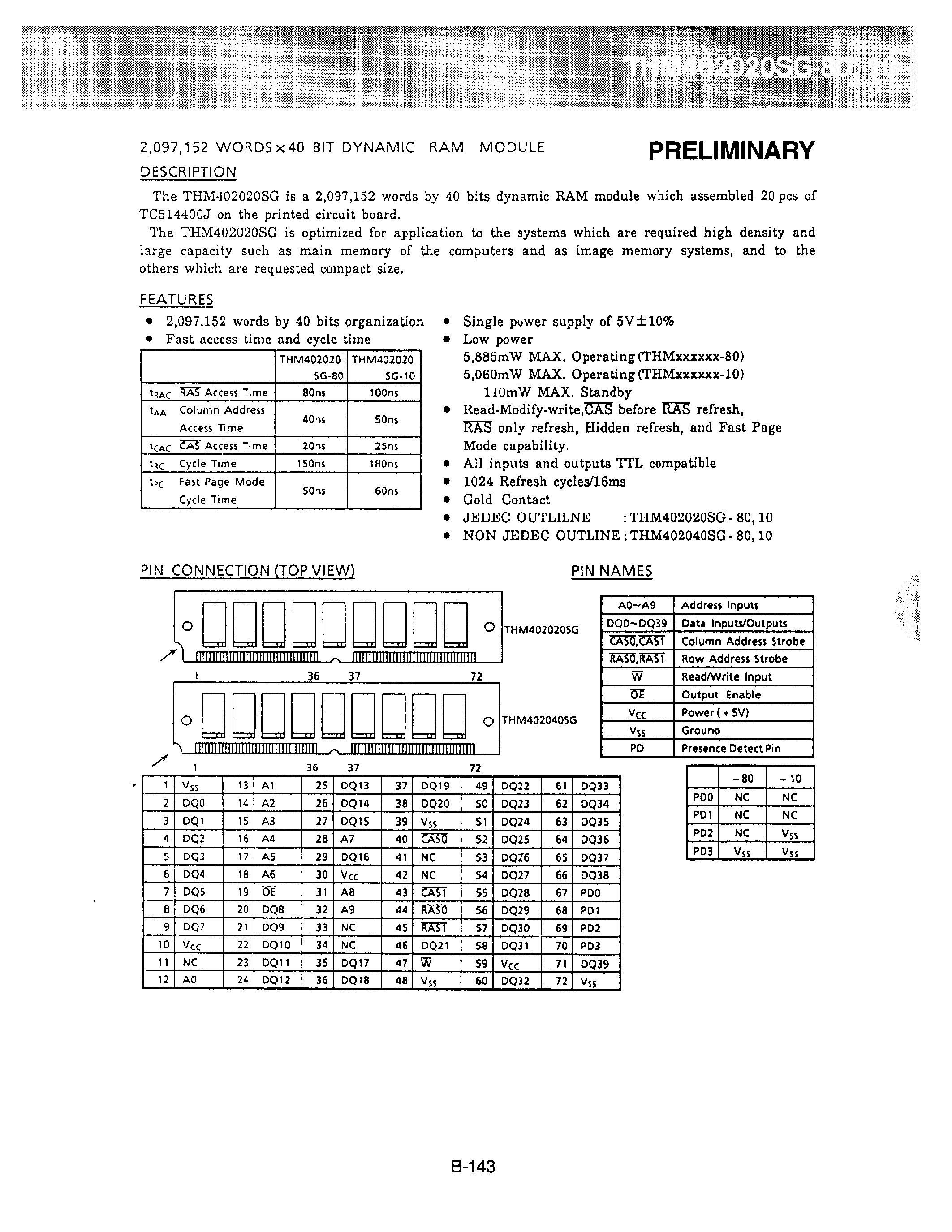 Даташит THM402020SG-10 - 2/097/152 WORDSx40 BIT DYNAMIC RAM MODULE страница 1