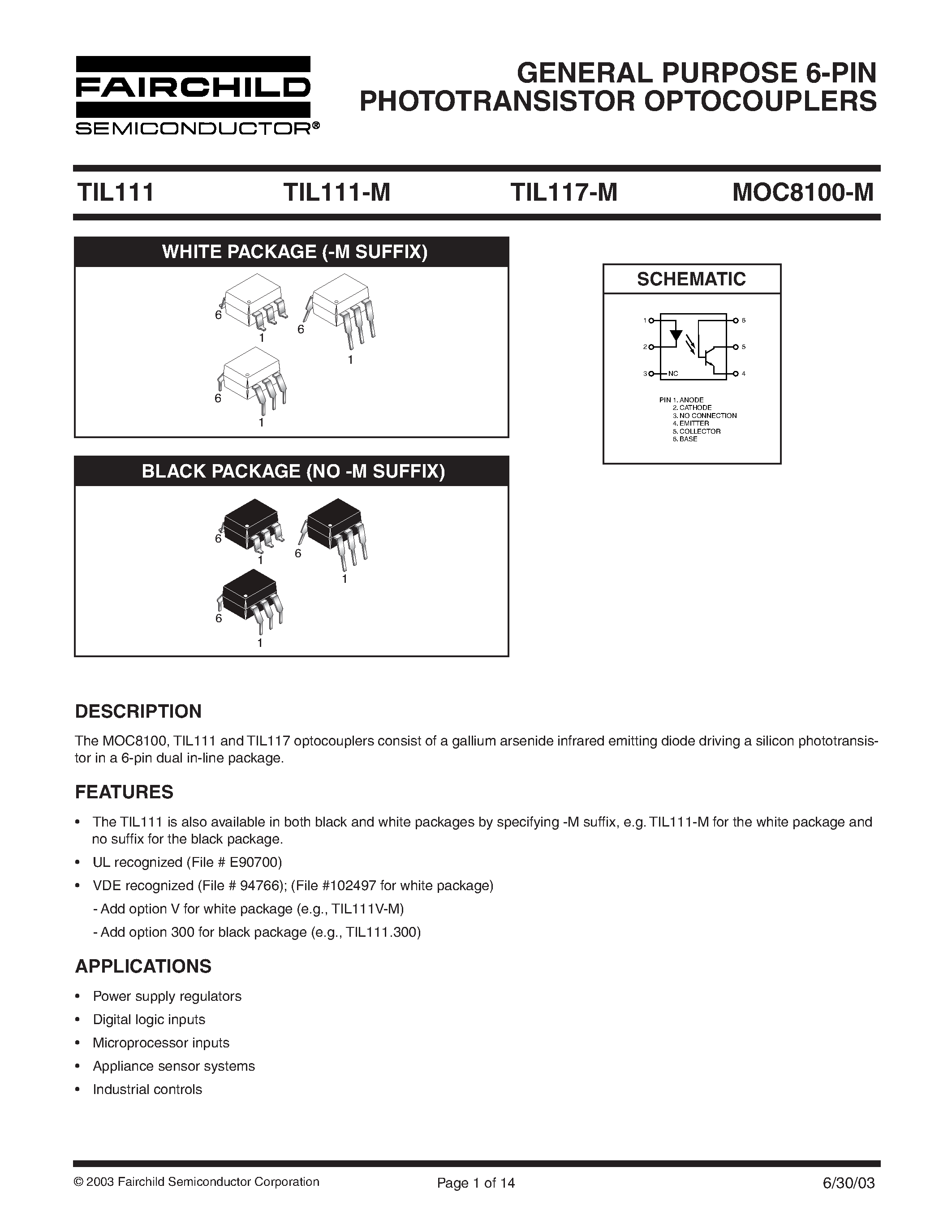 Даташит TIL111-M - GENERAL PURPOSE 6-PIN PHOTOTRANSISTOR OPTOCOUPLERS страница 1