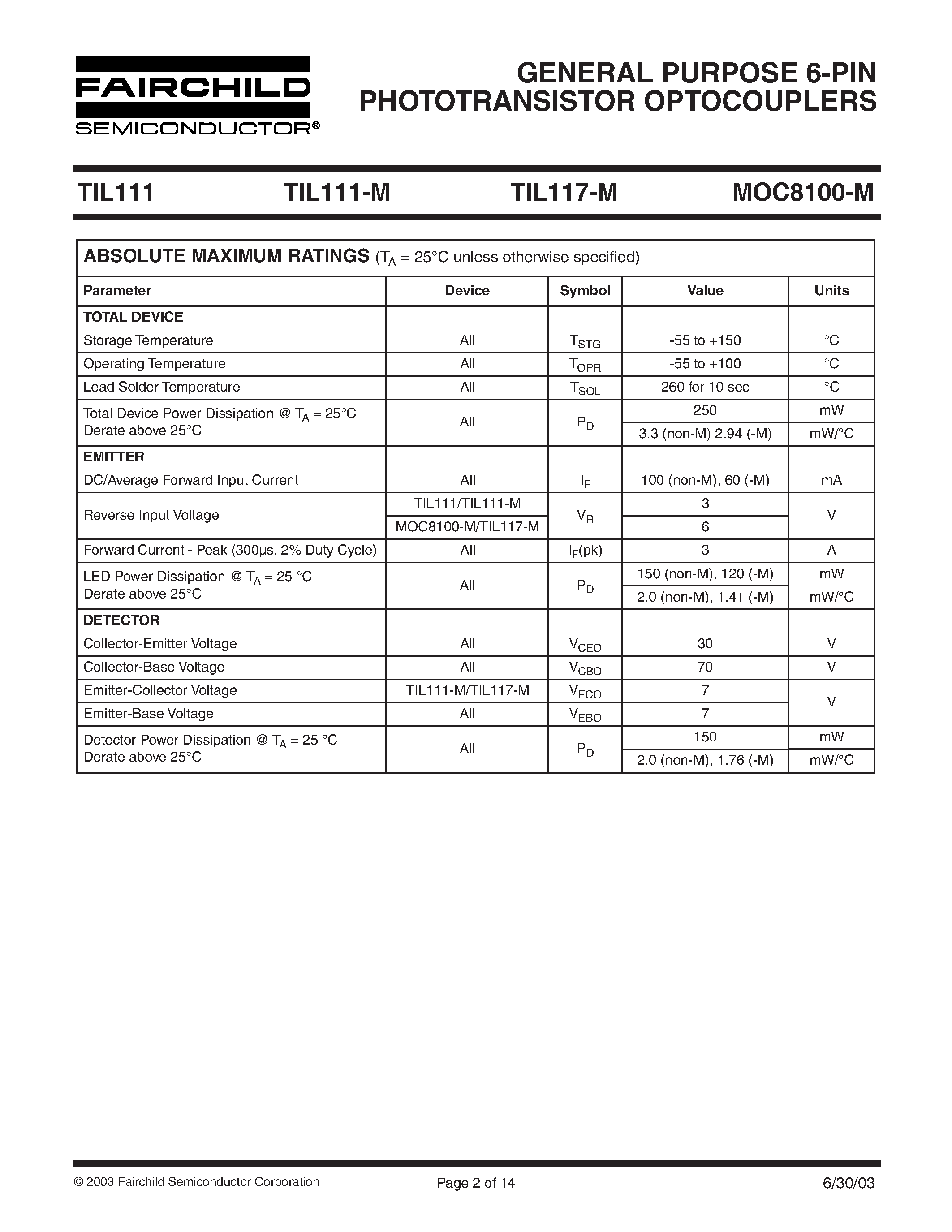 Даташит TIL111-M - GENERAL PURPOSE 6-PIN PHOTOTRANSISTOR OPTOCOUPLERS страница 2