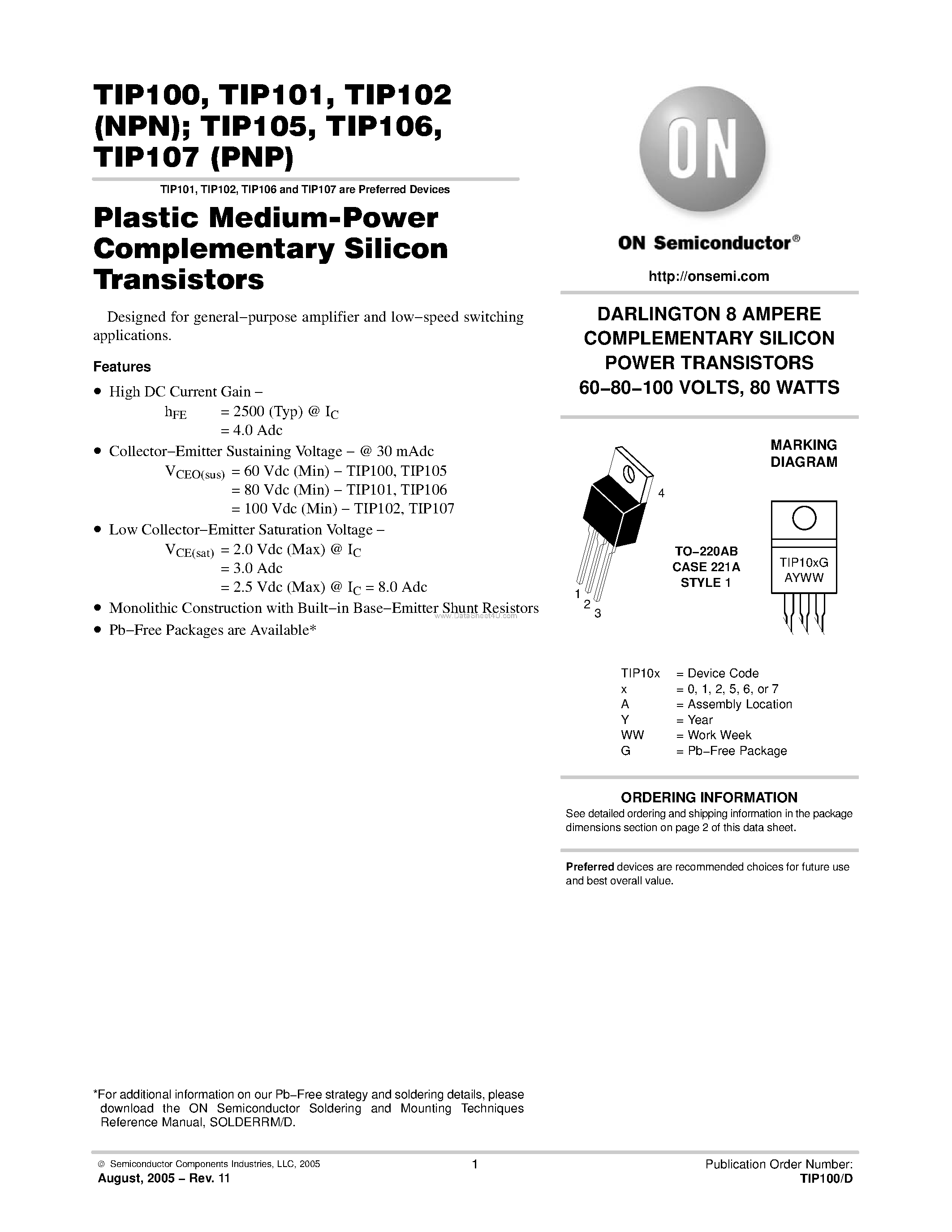 Даташит TIP100 - DARLINGTON COMPLEMENTARY SILICON POWER TRANSISTORS страница 1