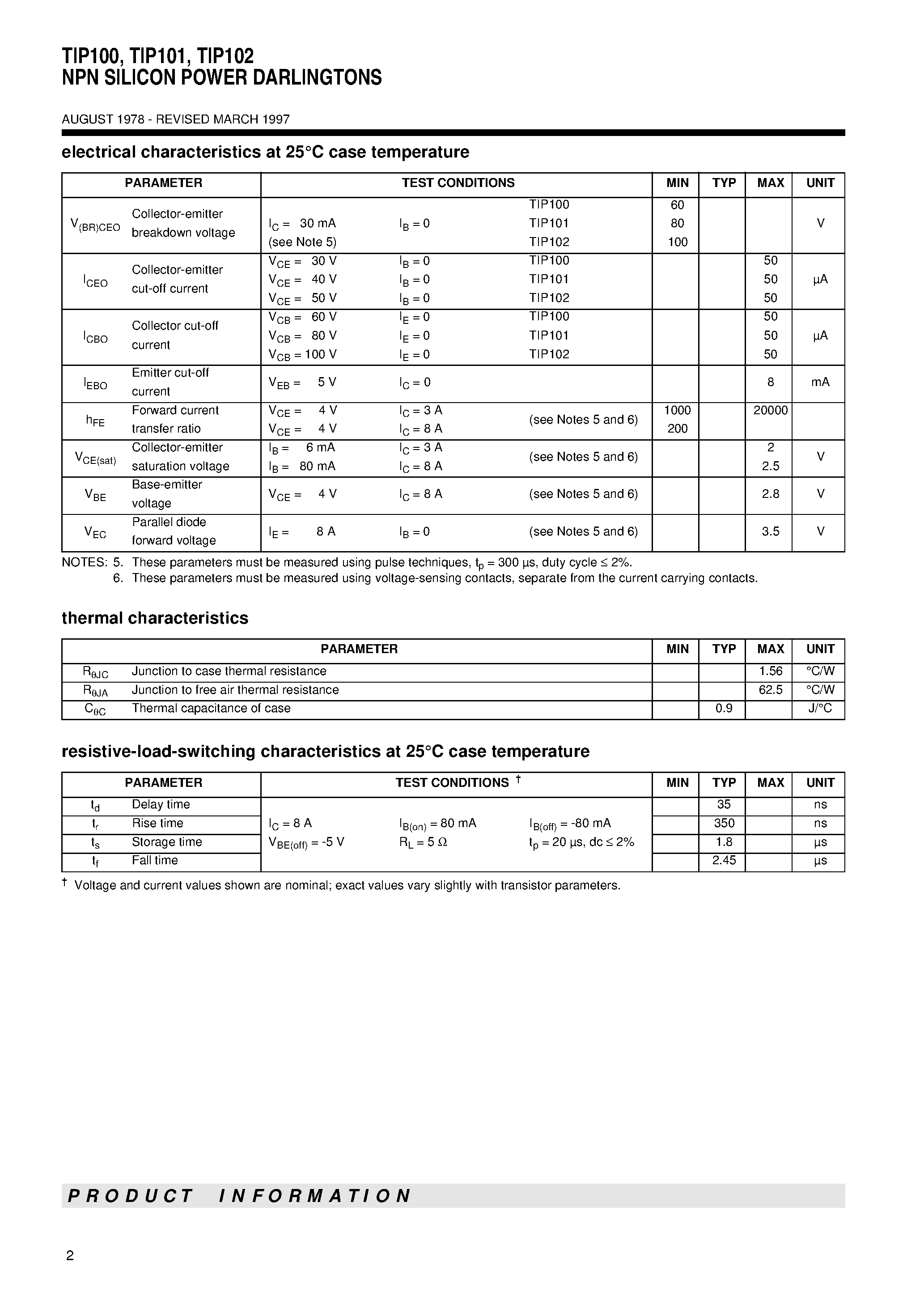 Даташит TIP100 - NPN SILICON POWER DARLINGTONS страница 2
