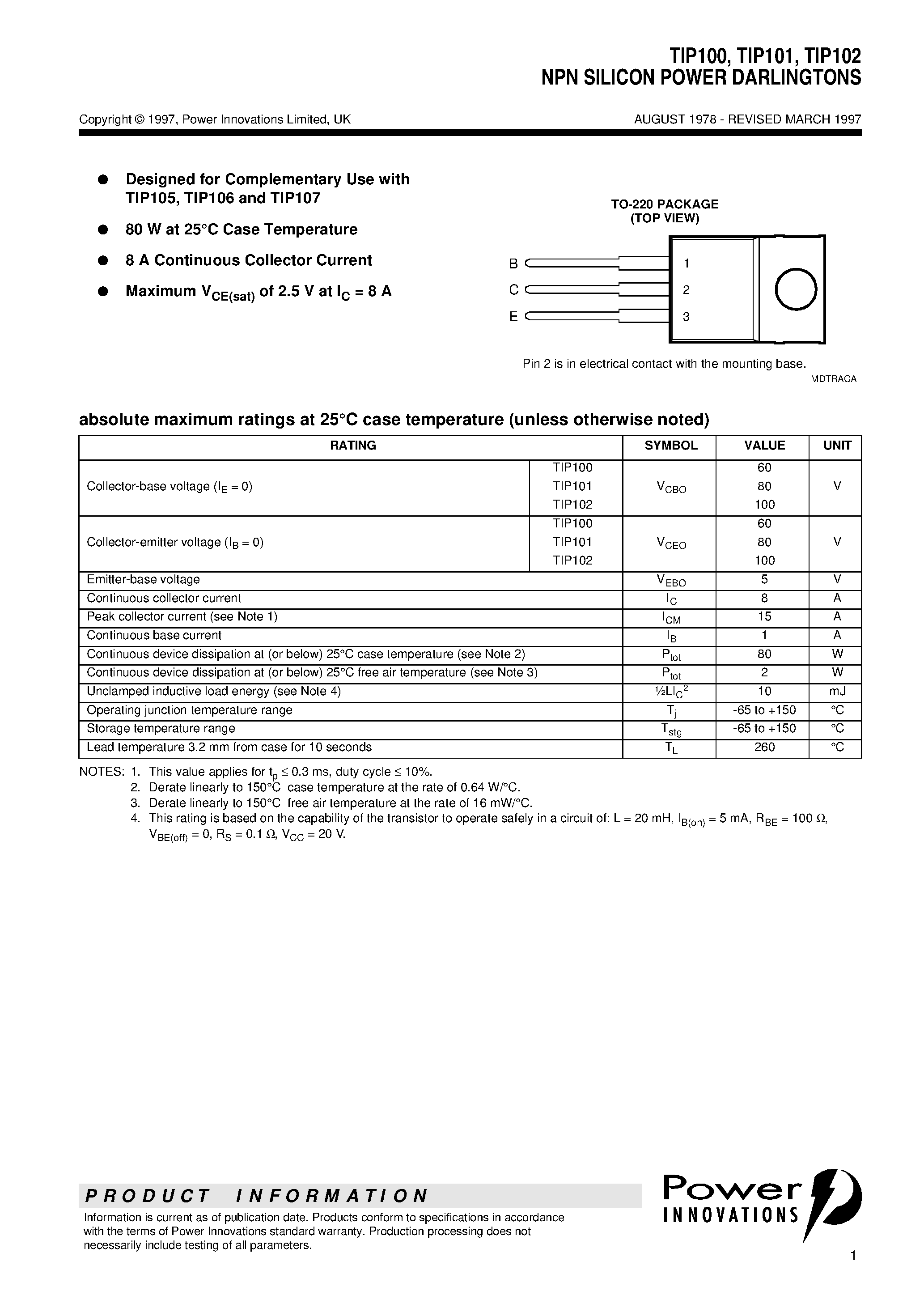 Даташит TIP101 - NPN SILICON POWER DARLINGTONS страница 1