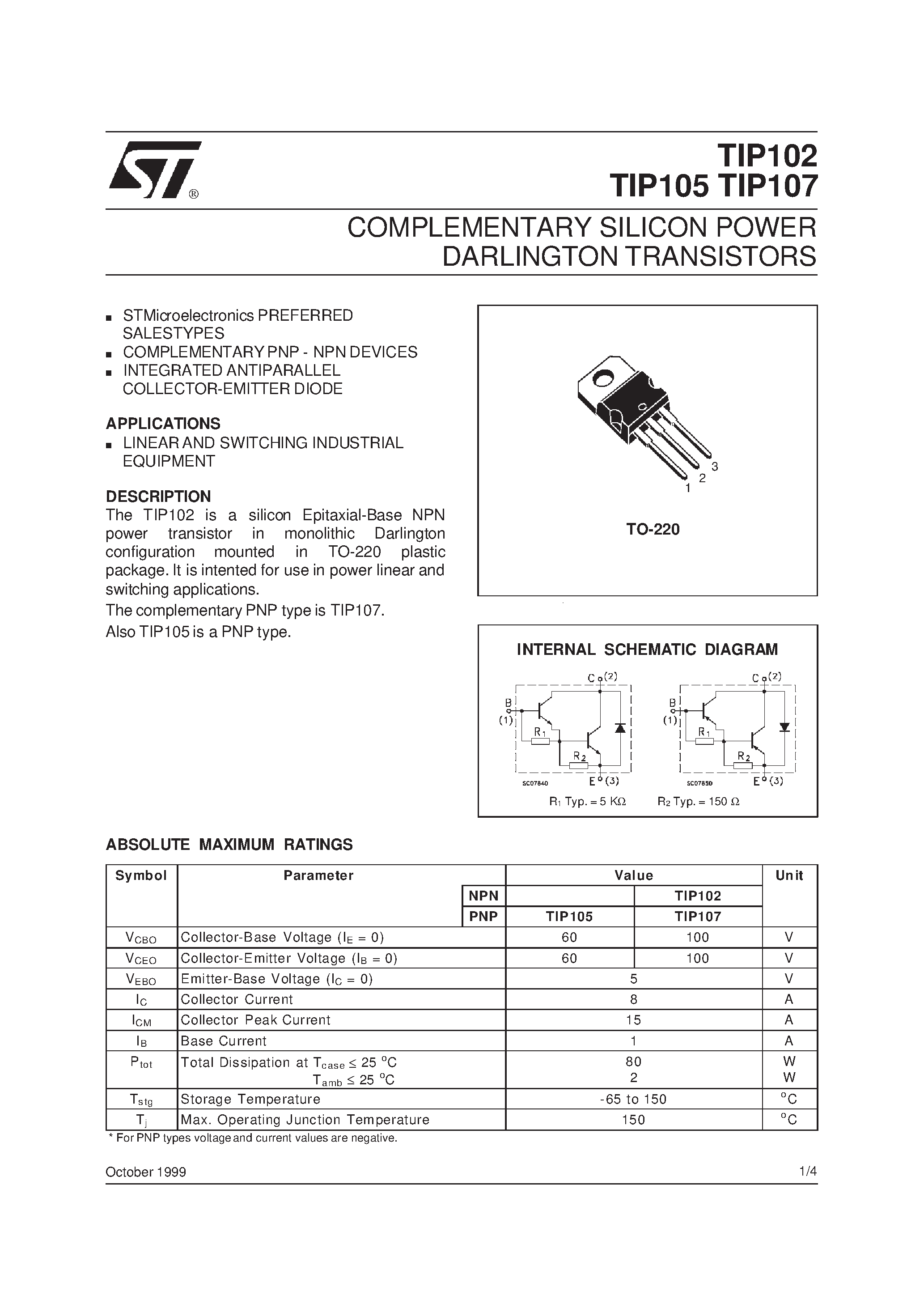 Даташит TIP102 - COMPLEMENTARY SILICON POWER DARLINGTON TRANSISTORS страница 1