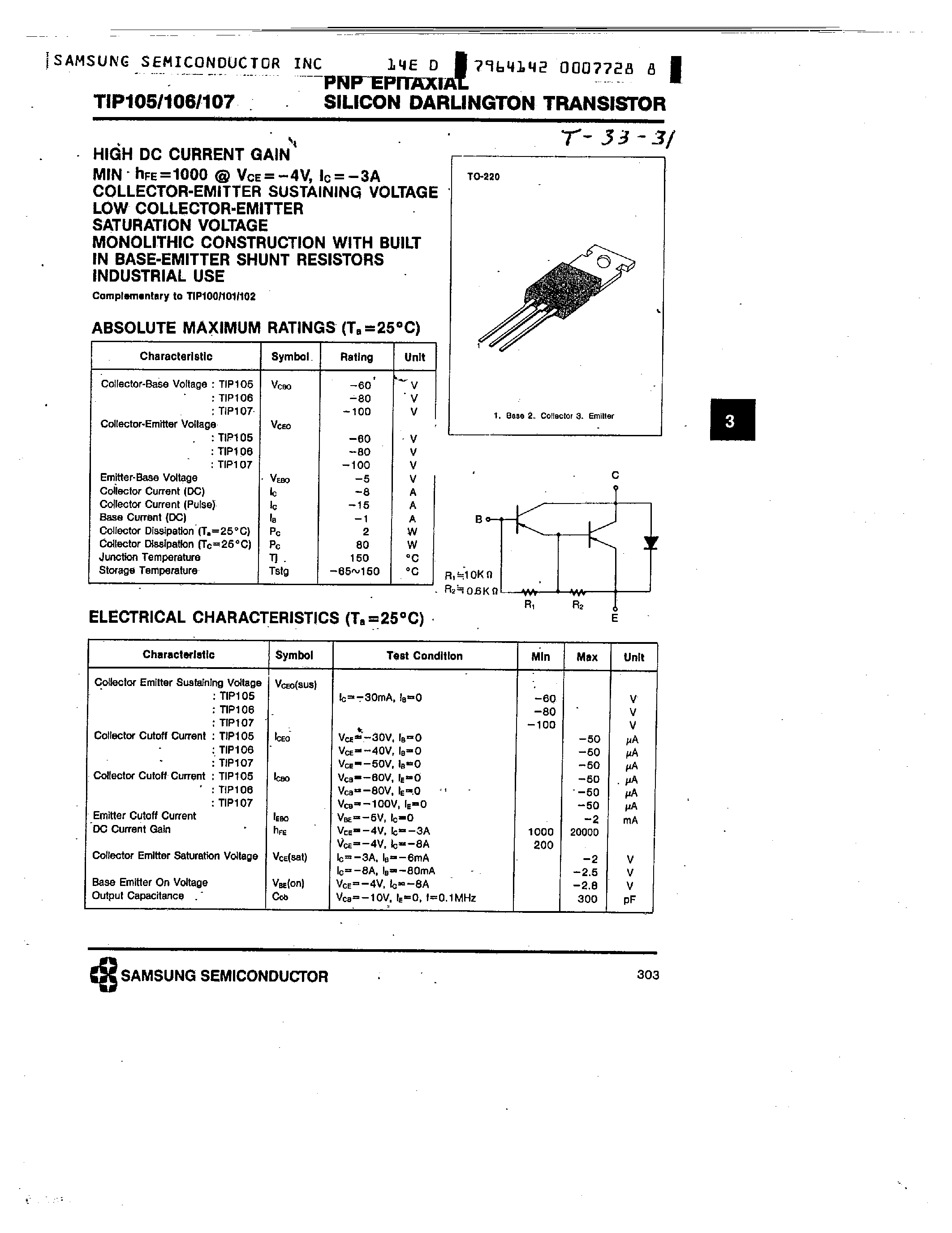 Даташит TIP105 - PNP (HIGH DC CURRENT GAIN MIN страница 1