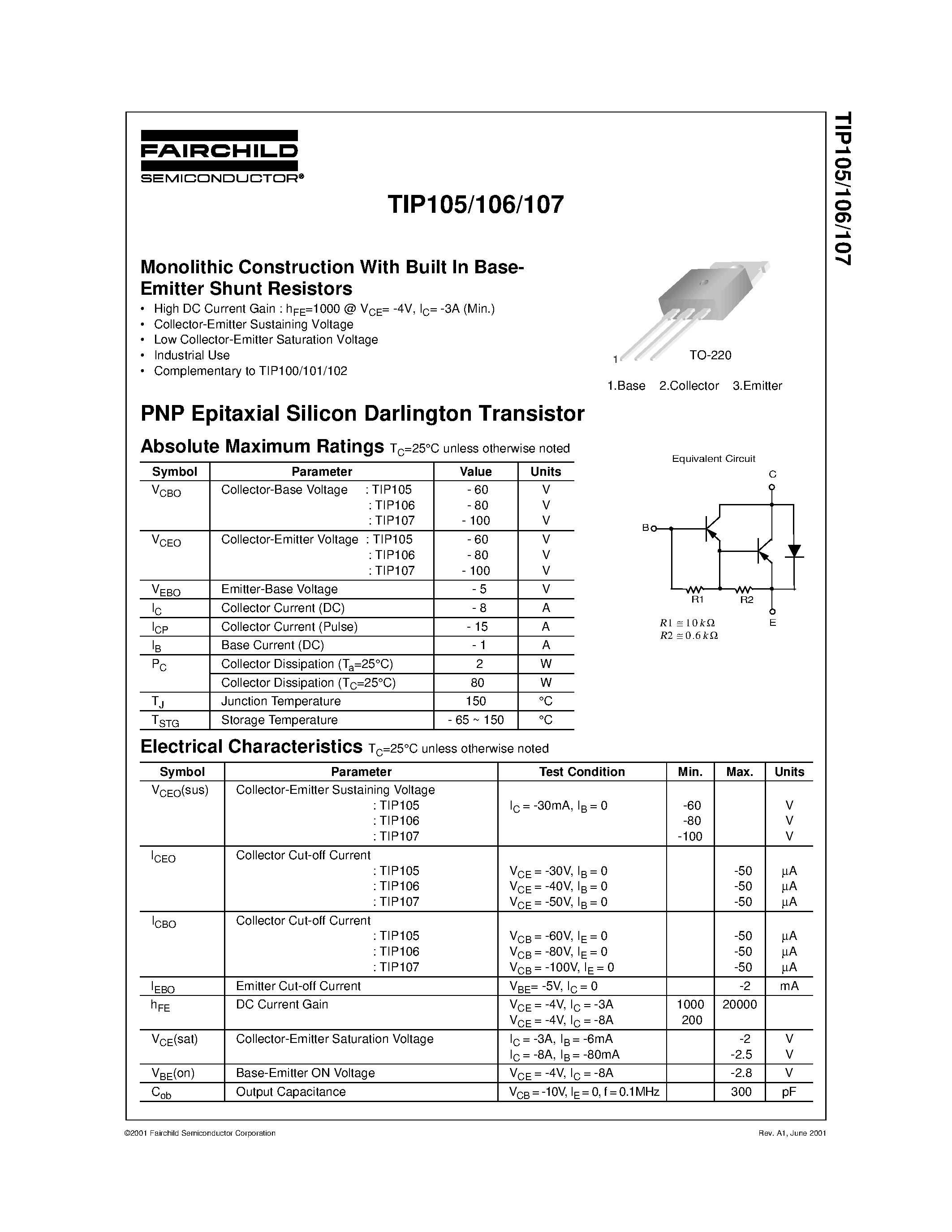 Даташит TIP105 - Monolithic Construction With Built In Base- Emitter Shunt Resistors страница 1