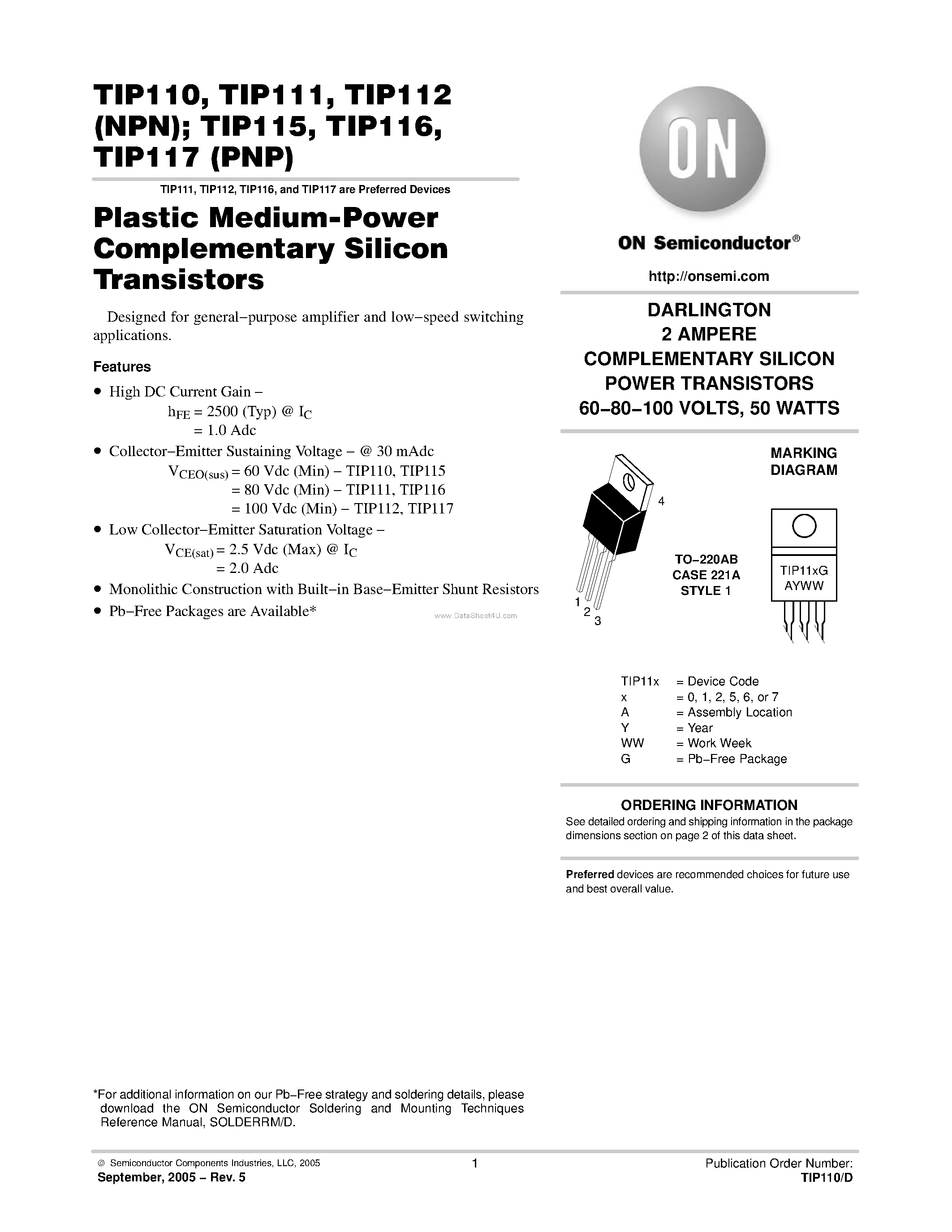 Даташит TIP110 - Plastic Medium-Power Complementary Silicon Transistors страница 1