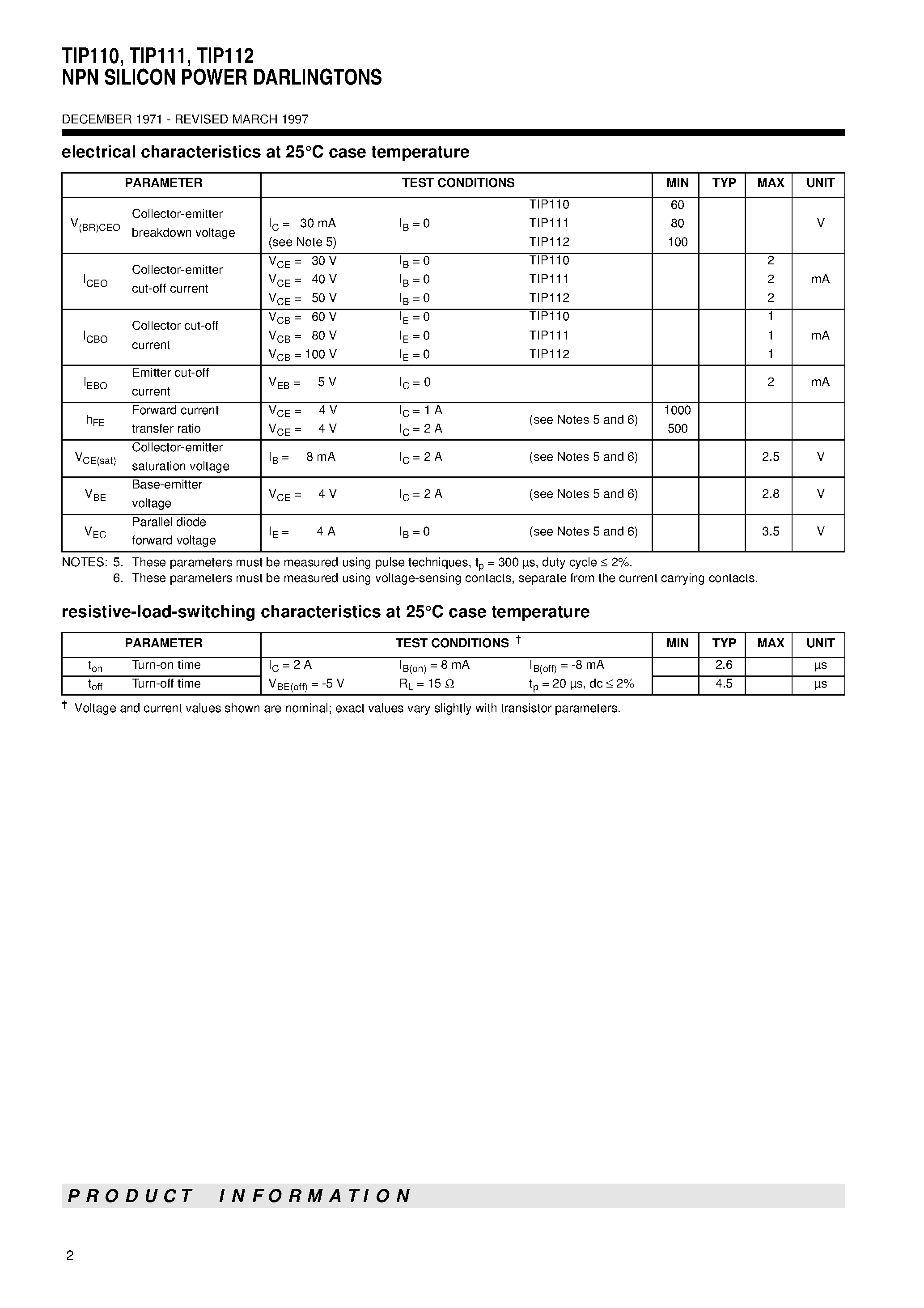 Даташит TIP110 - NPN SILICON POWER DARLINGTONS страница 2