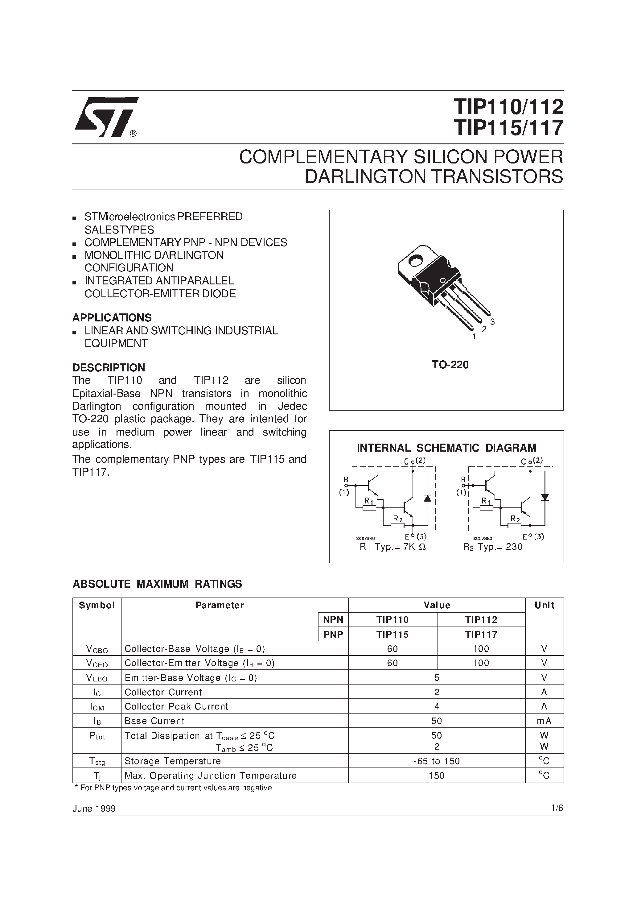 Даташит TIP110 - COMPLEMENTARY SILICON POWER DARLINGTON TRANSISTORS страница 1