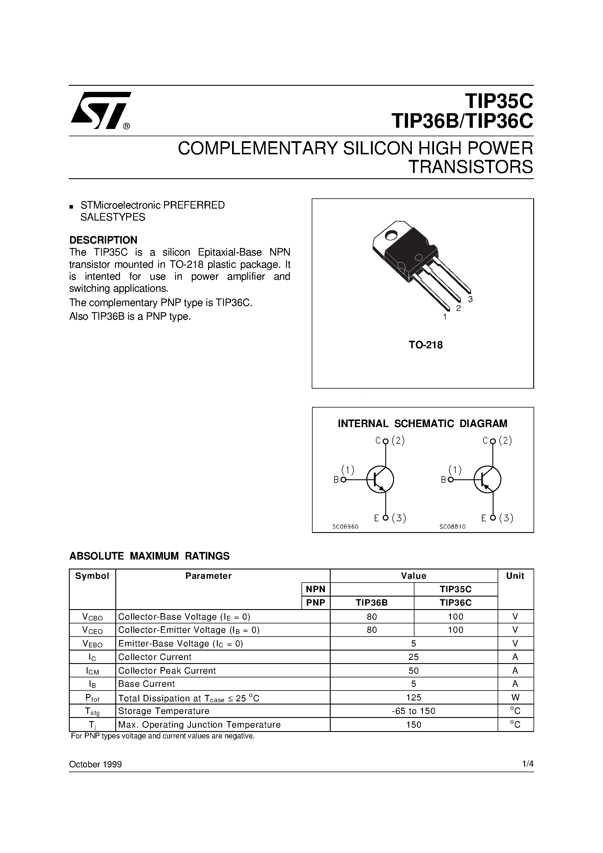 Даташит TIP36B - COMPLEMENTARY SILICON HIGH POWER TRANSISTORS страница 1