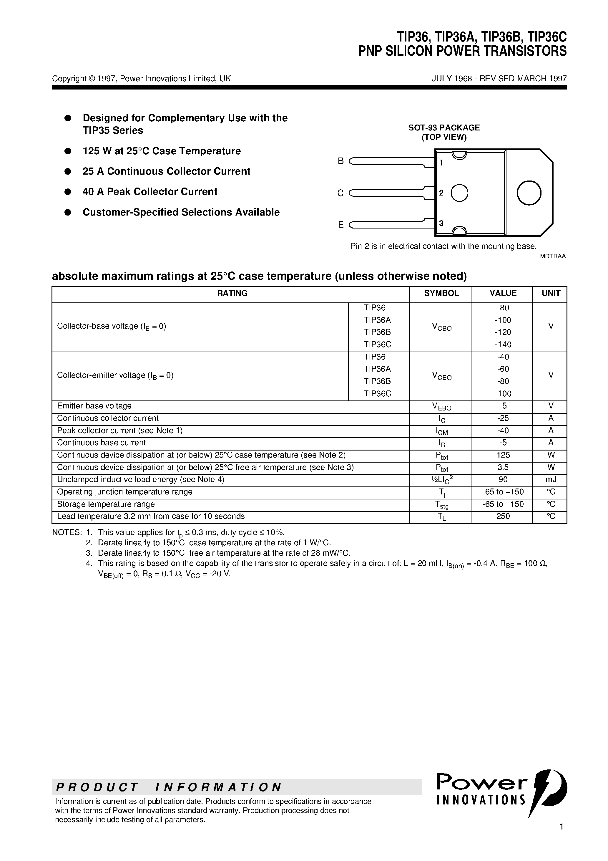 Даташит TIP36B - PNP SILICON POWER TRANSISTORS страница 1