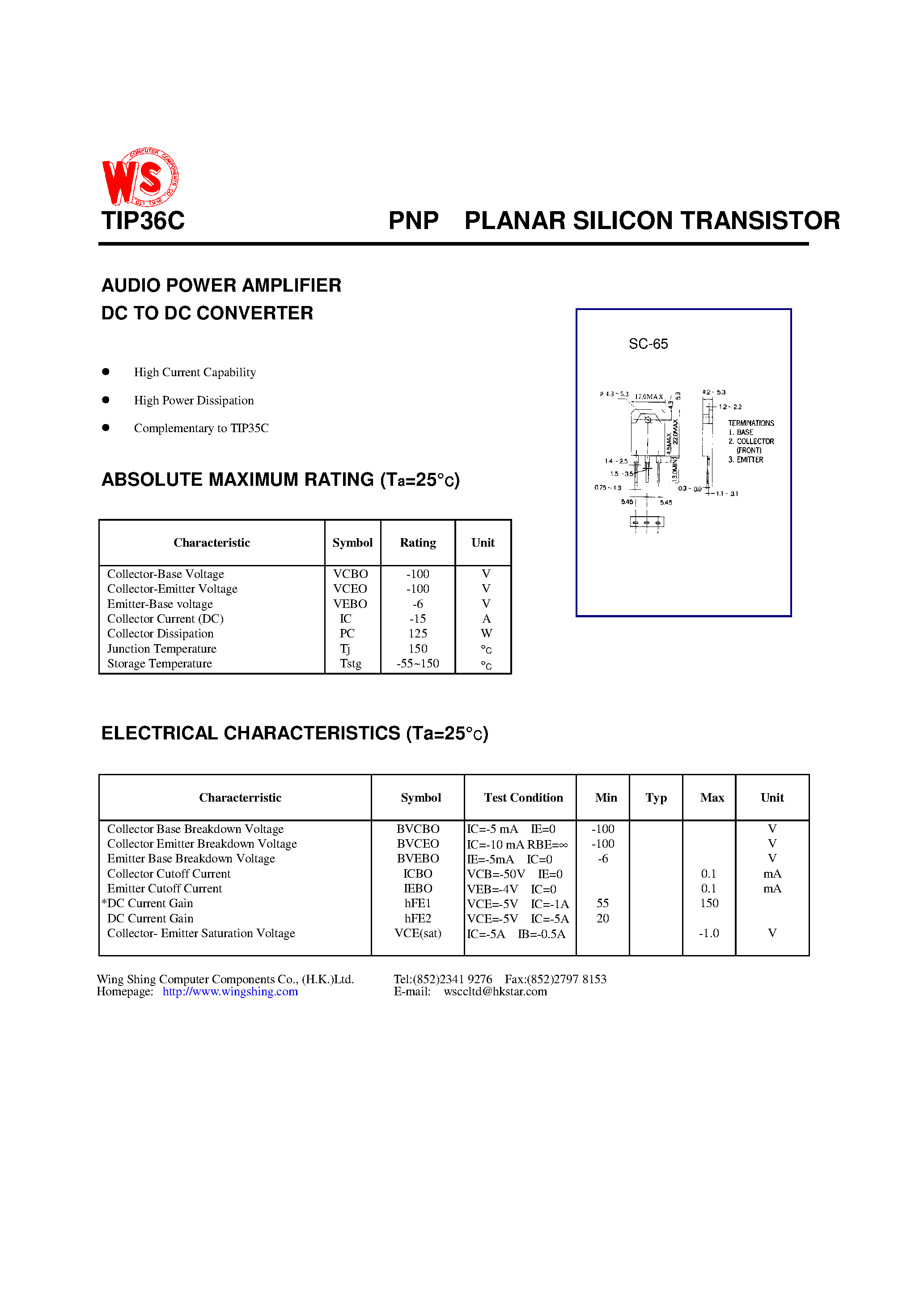 Даташит TIP36C - PNP PLANAR SILICON TRANSISTOR(AUDIO POWER AMPLIFIER DC TO DC CONVERTER) страница 1