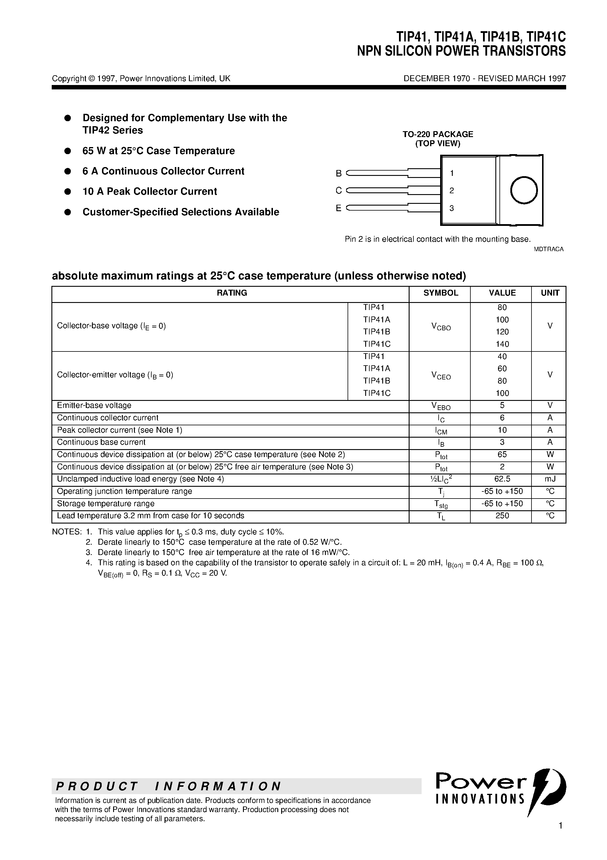 Даташит TIP41 - NPN SILICON POWER TRANSISTORS страница 1