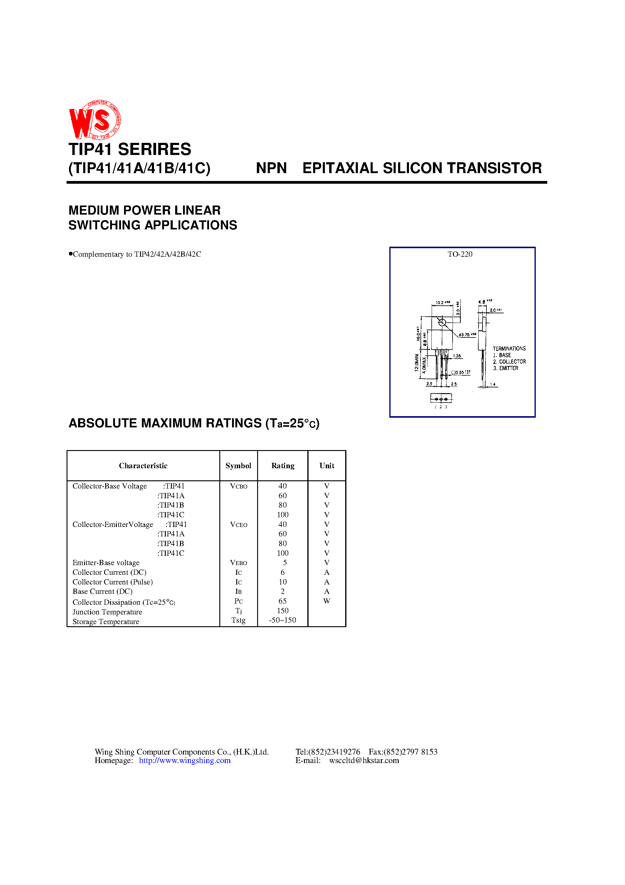 Даташит TIP41 - NPN EPITAXIAL SILICON TRANSISTOR(MEDIUM POWER LINEAR SWITCHING APPLICATIONS) страница 1