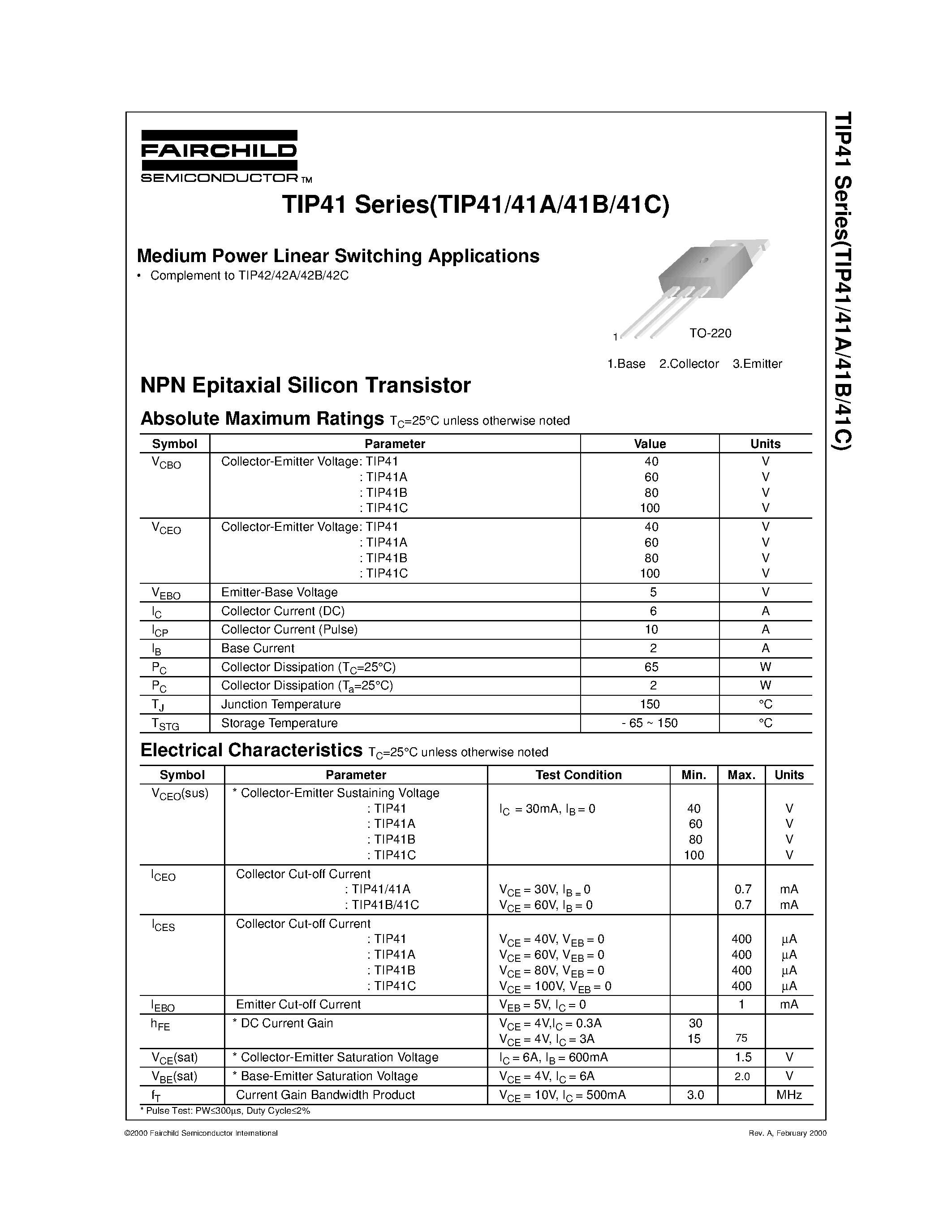 Даташит TIP41 - Medium Power Linear Switching Applications страница 1