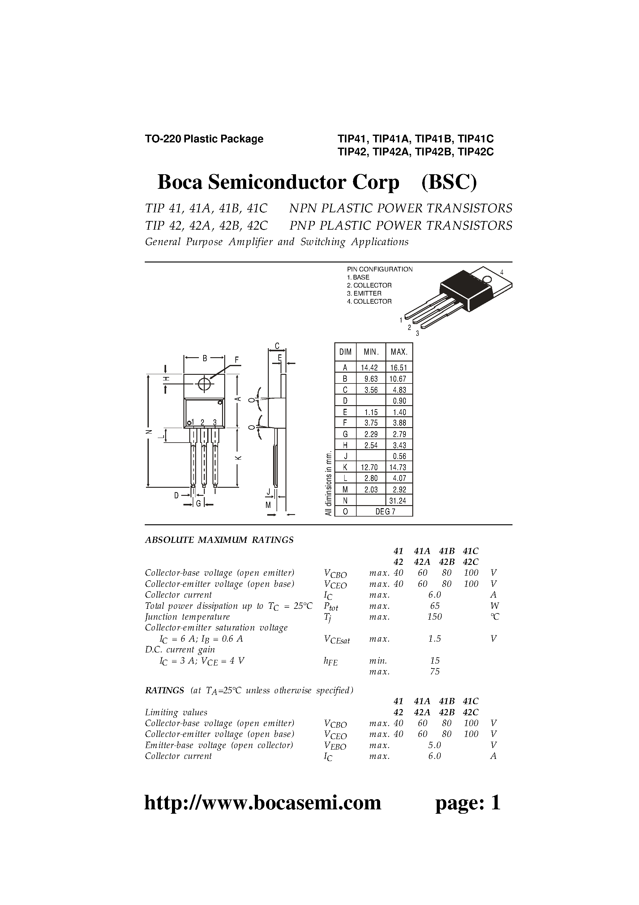 Даташит TIP41 - General Purpose Amplifier and Switching Applications страница 1