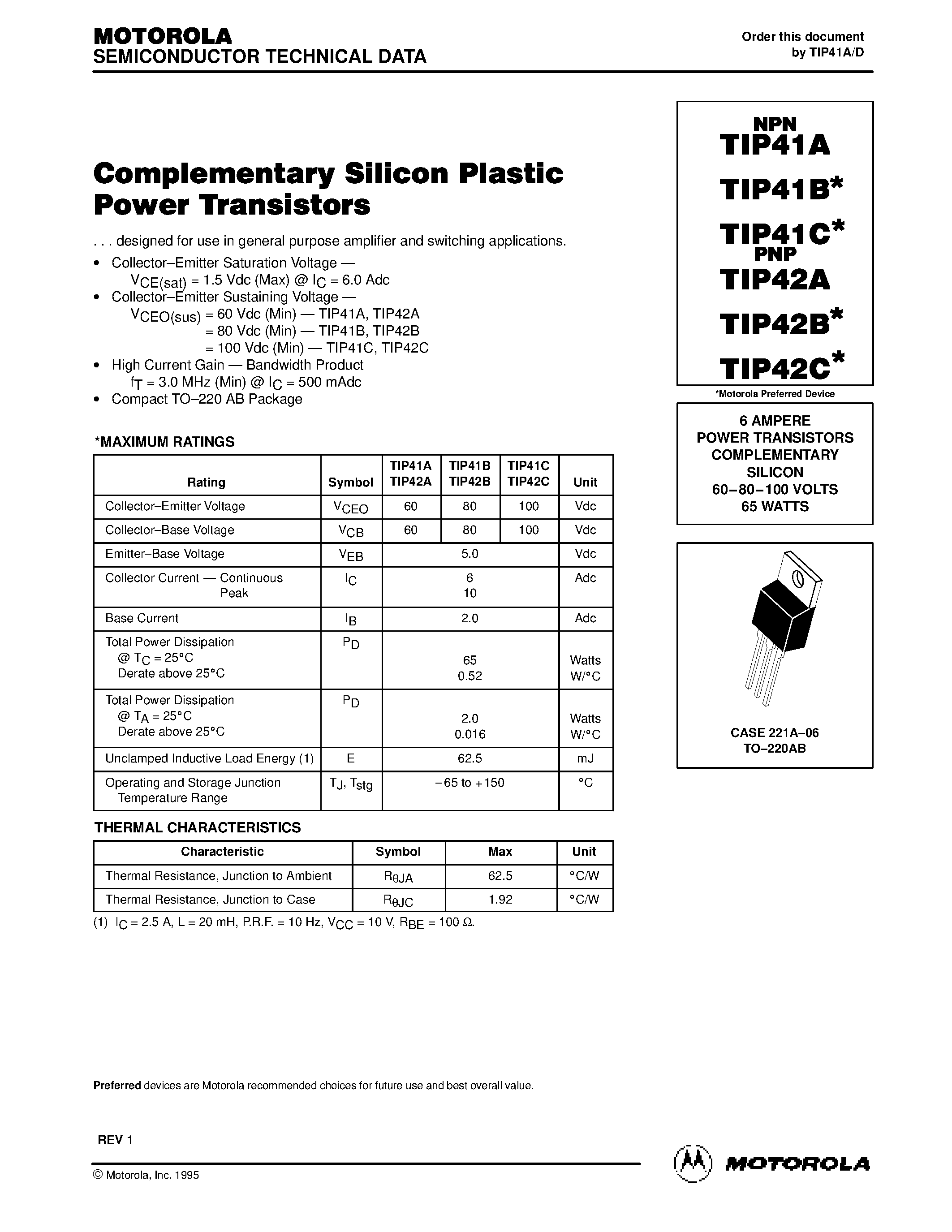 Даташит TIP41A - POWER TRANSISTORS COMPLEMENTARY SILICON страница 1