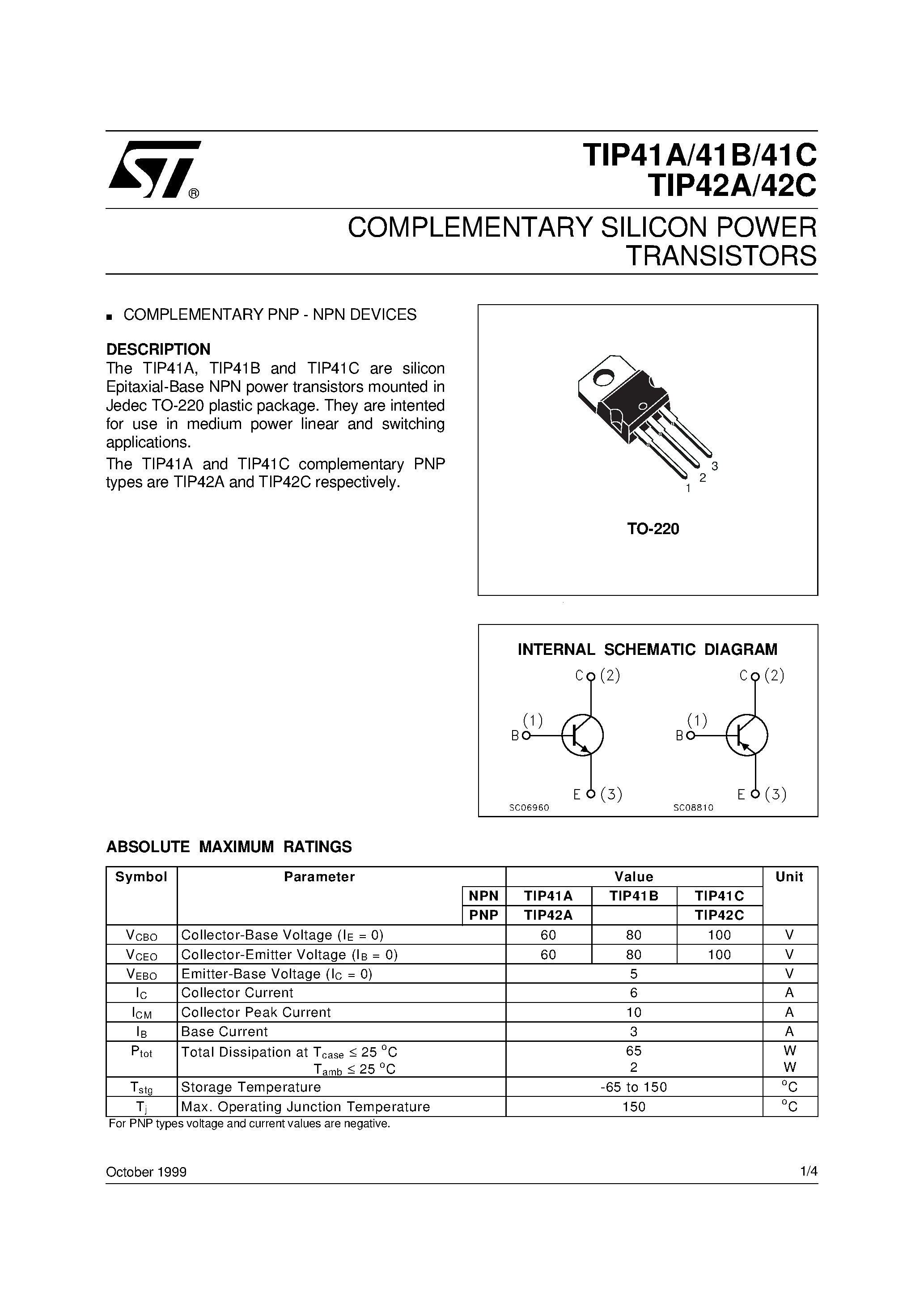 Даташит TIP41A - COMPLEMENTARY SILICON POWER TRANSISTORS страница 1