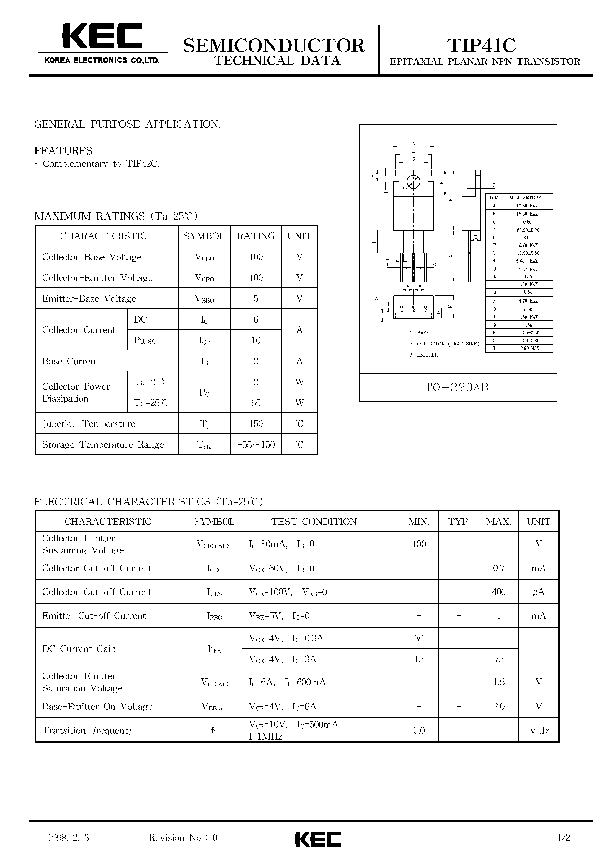 Даташит TIP41C - EPITAXIAL PLANAR NPN TRANSISTOR (GENERAL PURPOSE) страница 1