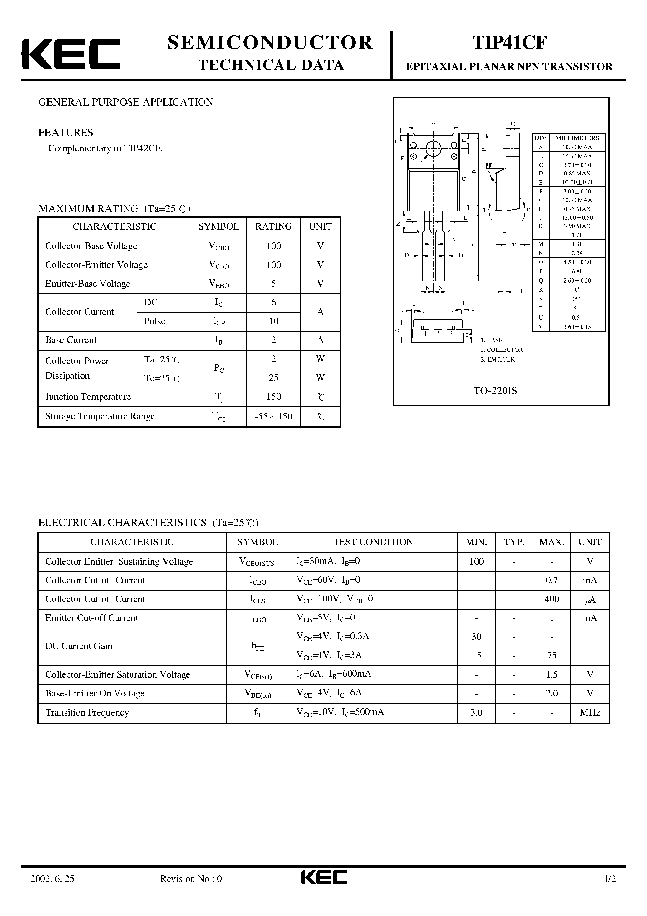 Даташит TIP41CF - EPITAXIAL PLANAR NPN TRANSISTOR (GENERAL PURPOSE) страница 1