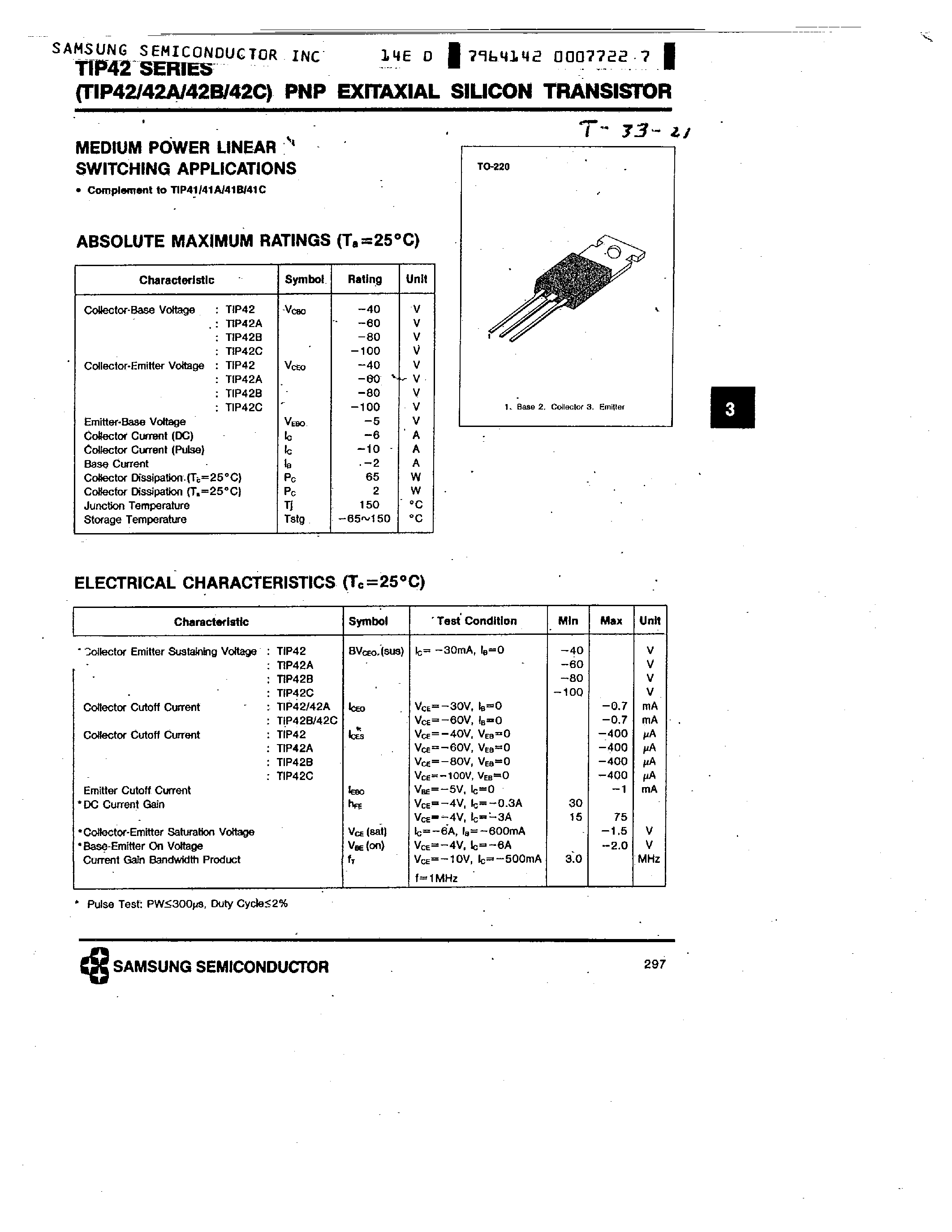 Даташит TIP42 - PNP (MEDIUM POWER LINEAR SWITCHING APPLICATIONS) страница 1