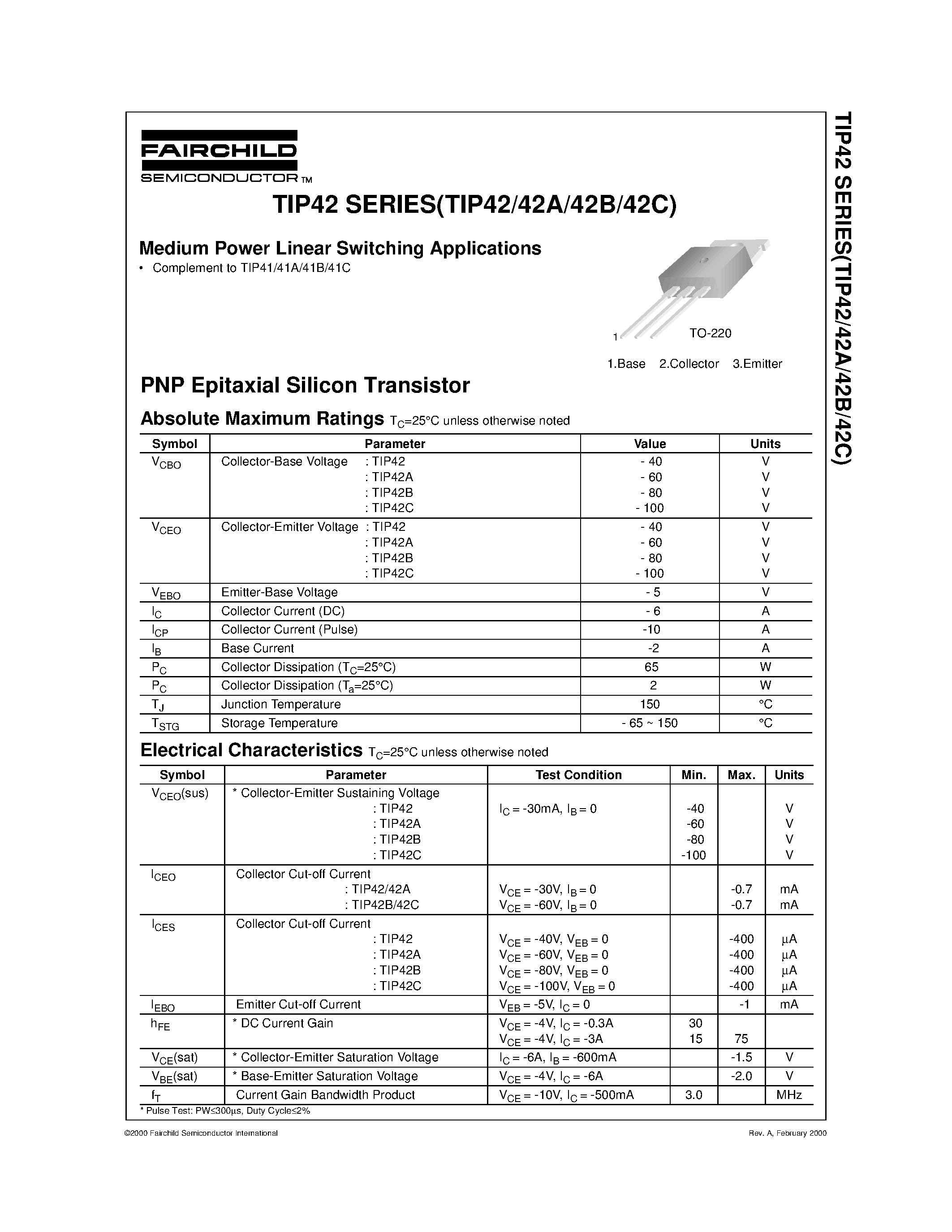 Даташит TIP42 - Medium Power Linear Switching Applications страница 1