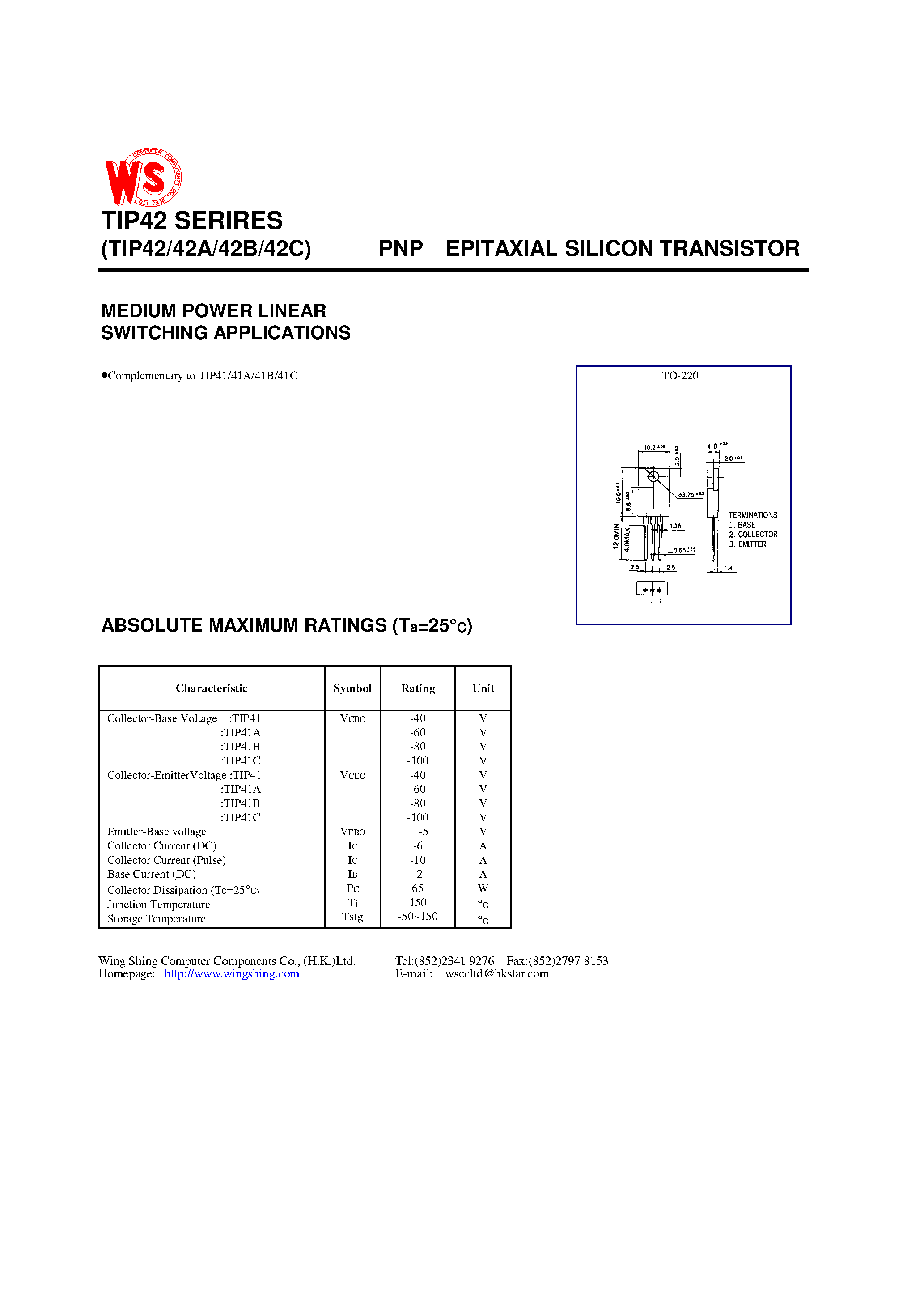 Даташит TIP42 - PNP EPITAXIAL SILICON TRANSISTOR(MEDIUM POWER LINEAR SWITCHING APPLICATIONS) страница 1