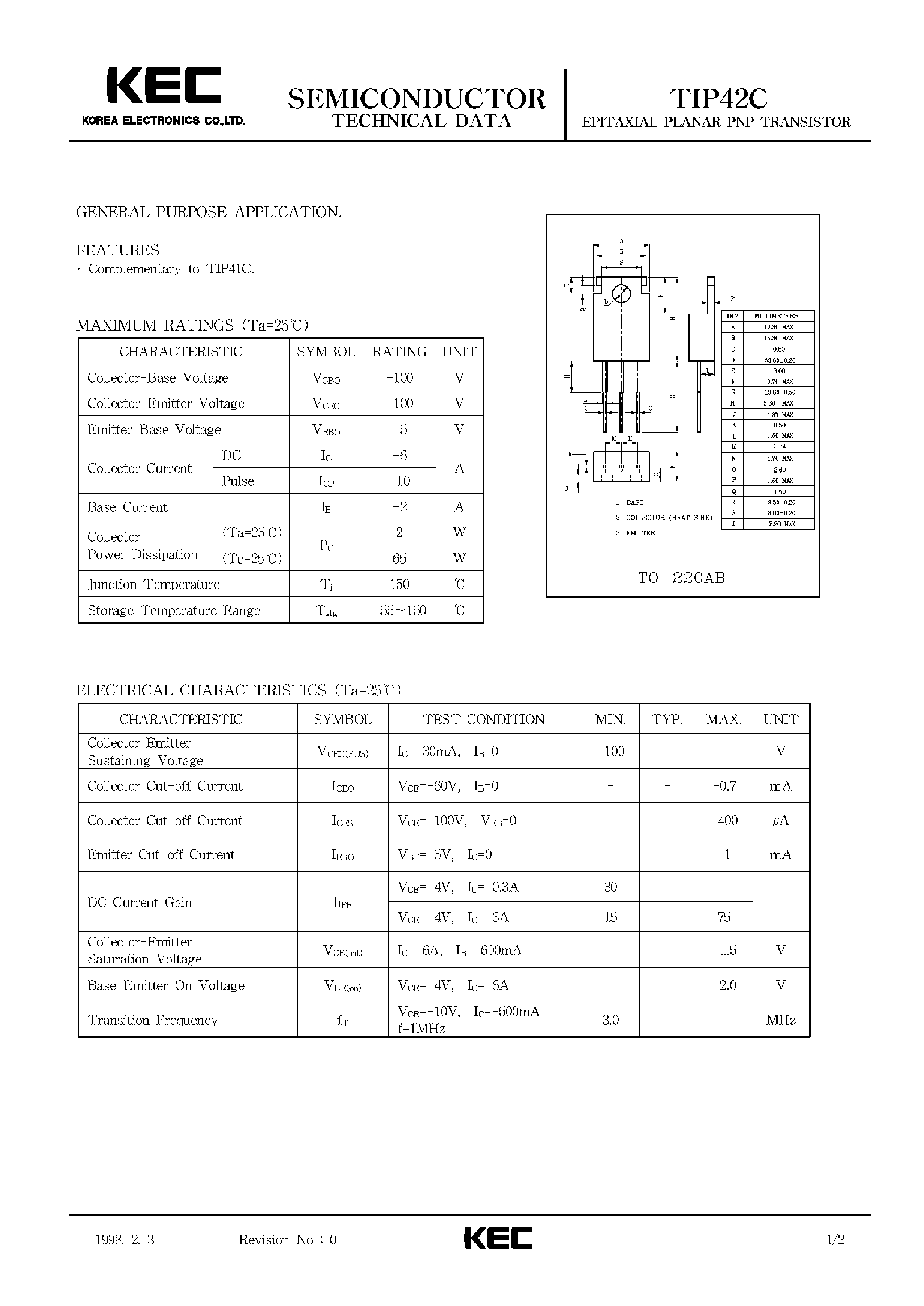 Даташит TIP42C - EPITAXIAL PLANAR PNP TRANSISTOR (GENERAL PURPOSE) страница 1