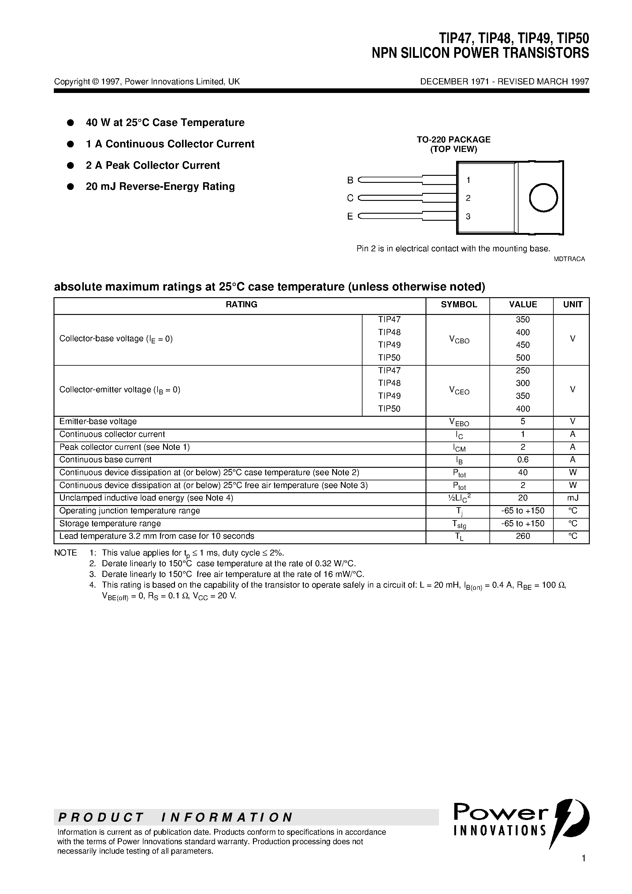 Даташит TIP47 - NPN SILICON POWER TRANSISTORS страница 1