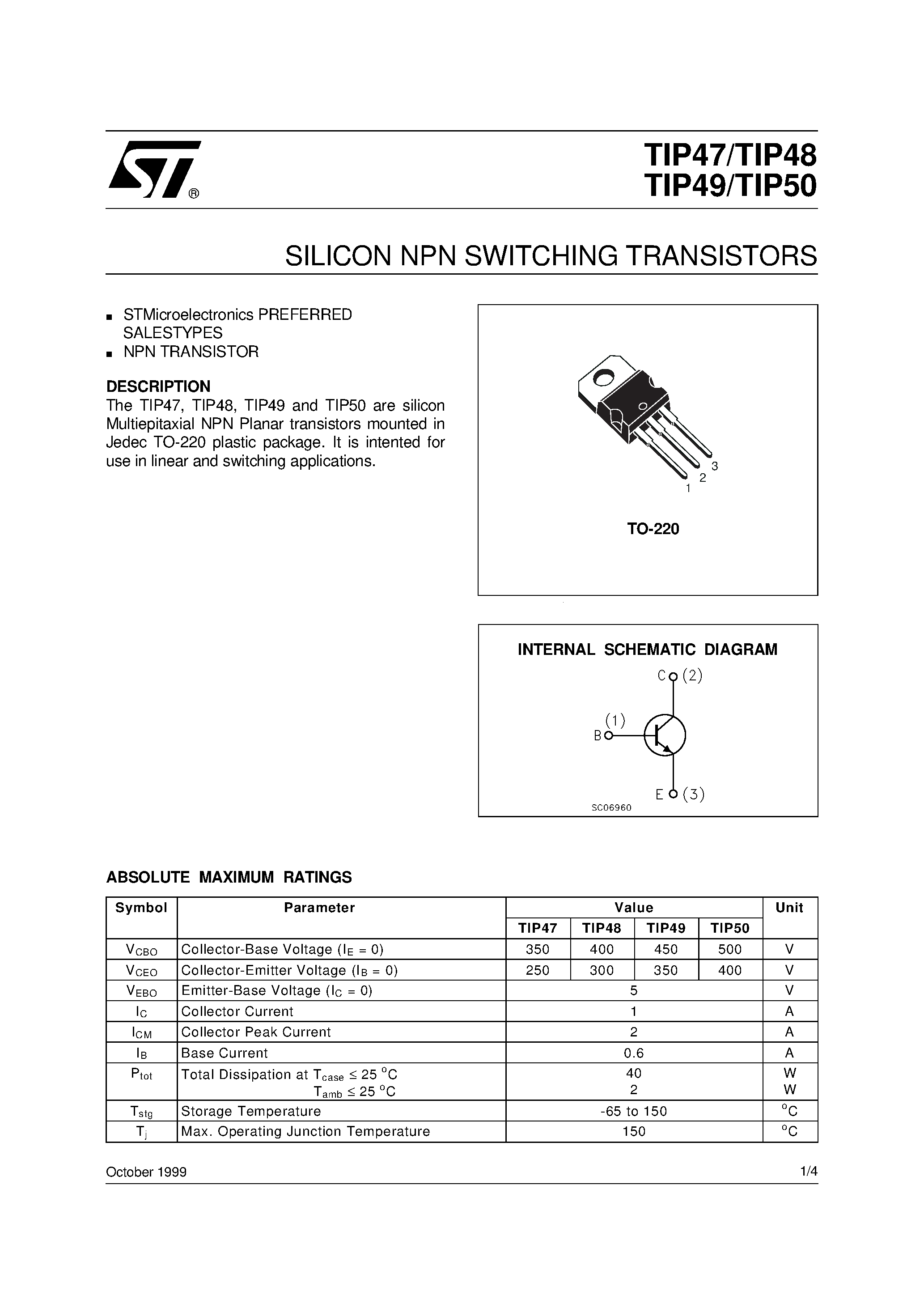 Даташит TIP47 - SILICON NPN SWITCHING TRANSISTORS страница 1