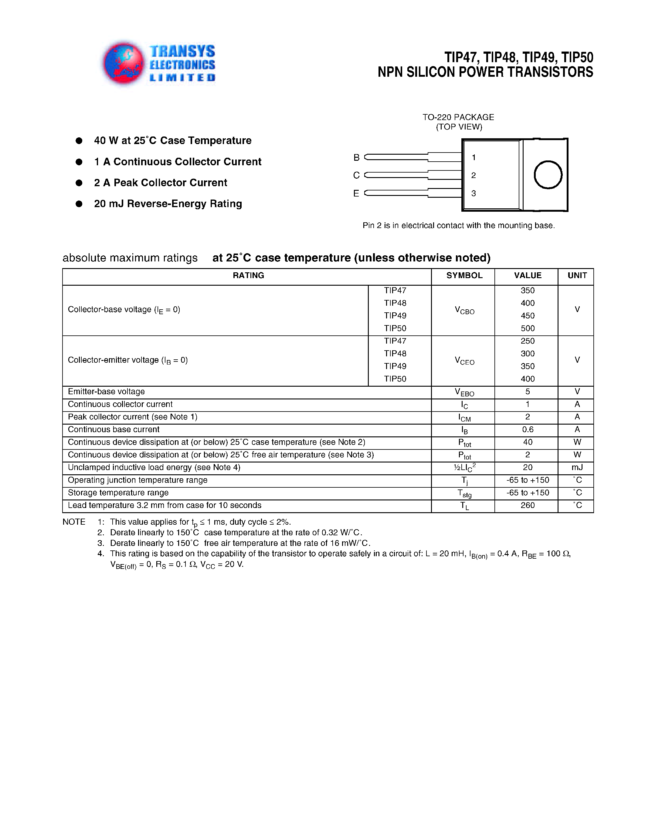 Даташит TIP47 - NPN SILICON POWER TRANSISTORS страница 1