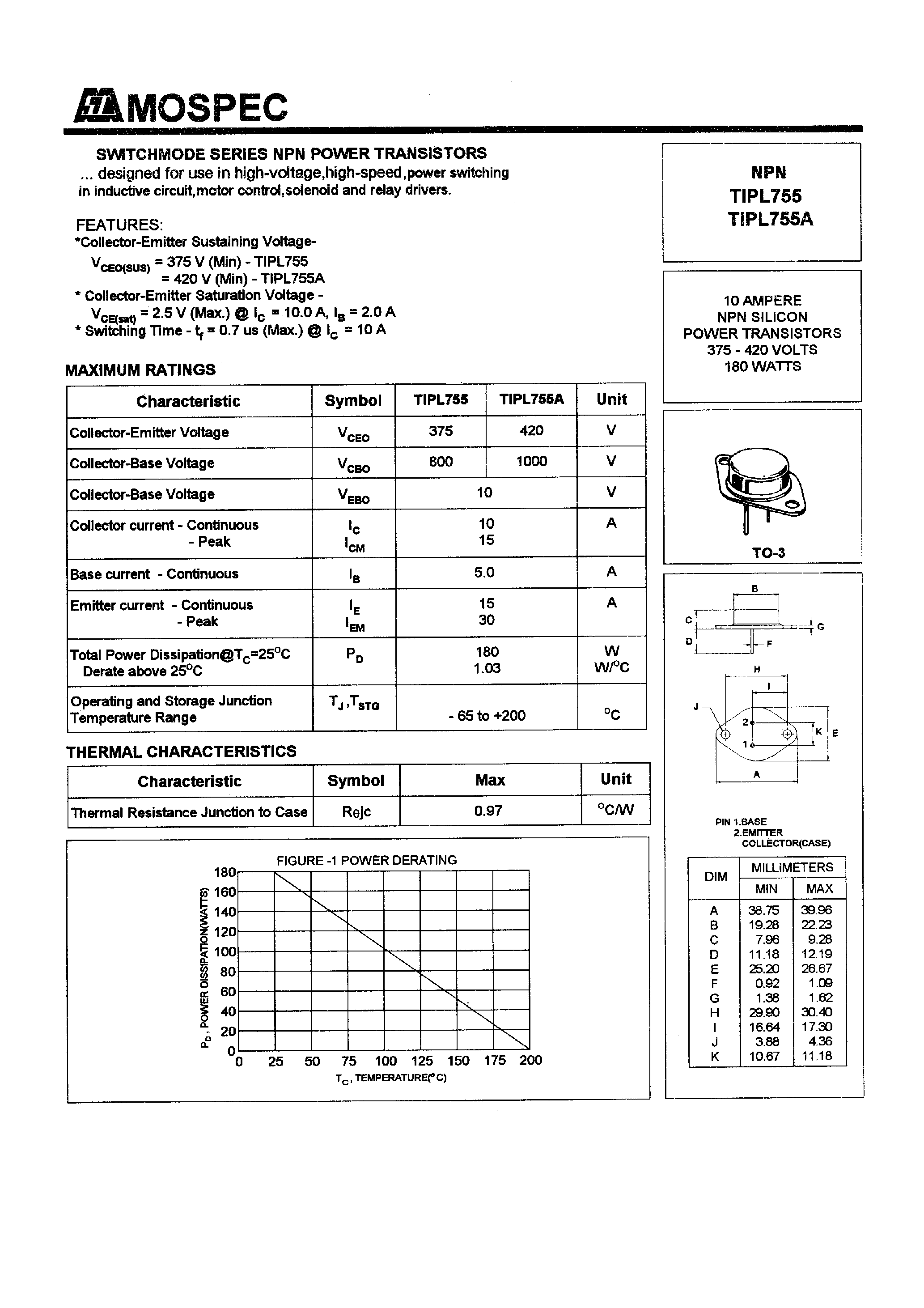 Даташит TIPL755 - POWER TRANSISTORS(10A/375-420V/180W) страница 1