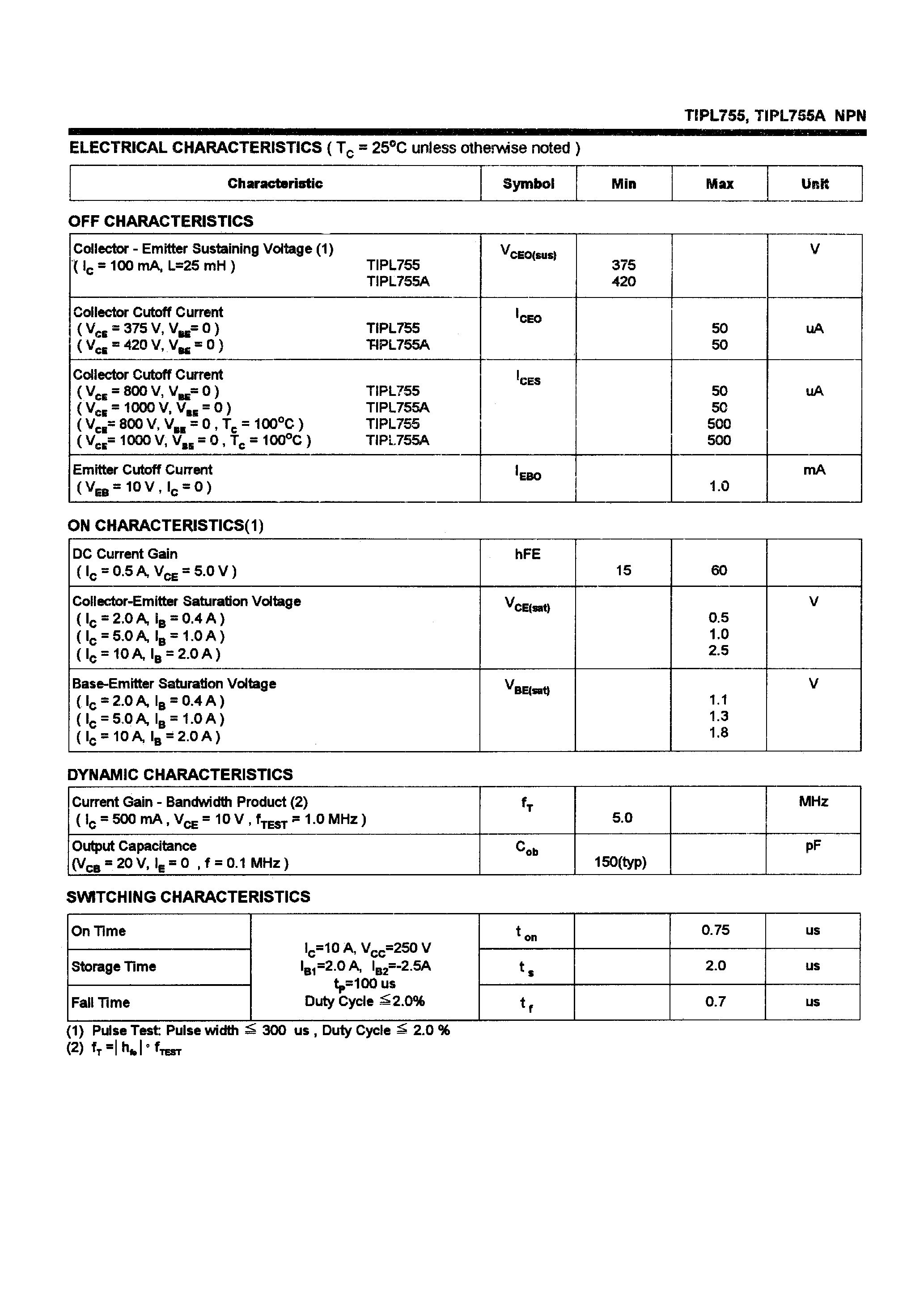 Даташит TIPL755 - POWER TRANSISTORS(10A/375-420V/180W) страница 2