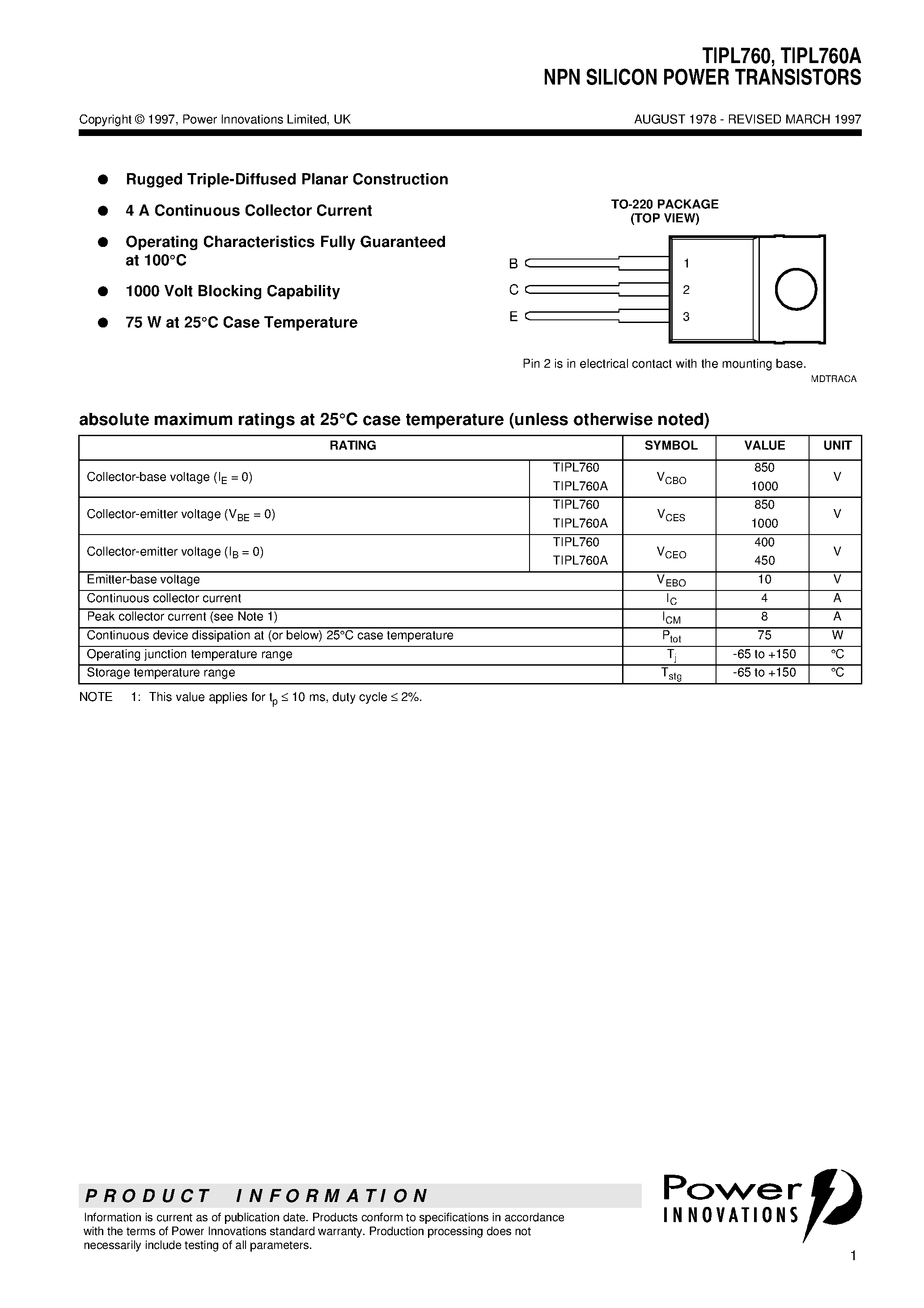 Даташит TIPL760 - NPN SILICON POWER TRANSISTORS страница 1