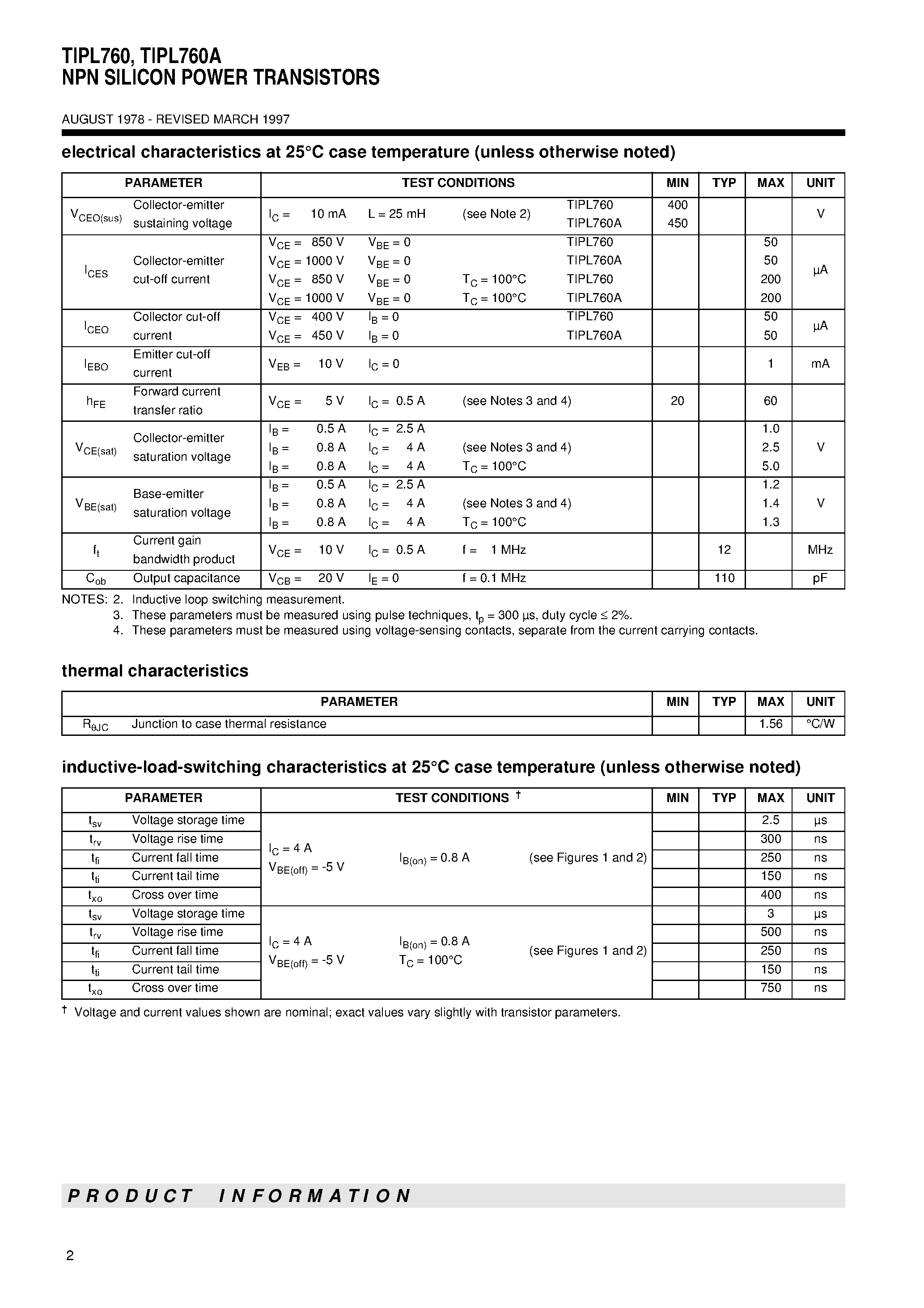 Даташит TIPL760 - NPN SILICON POWER TRANSISTORS страница 2