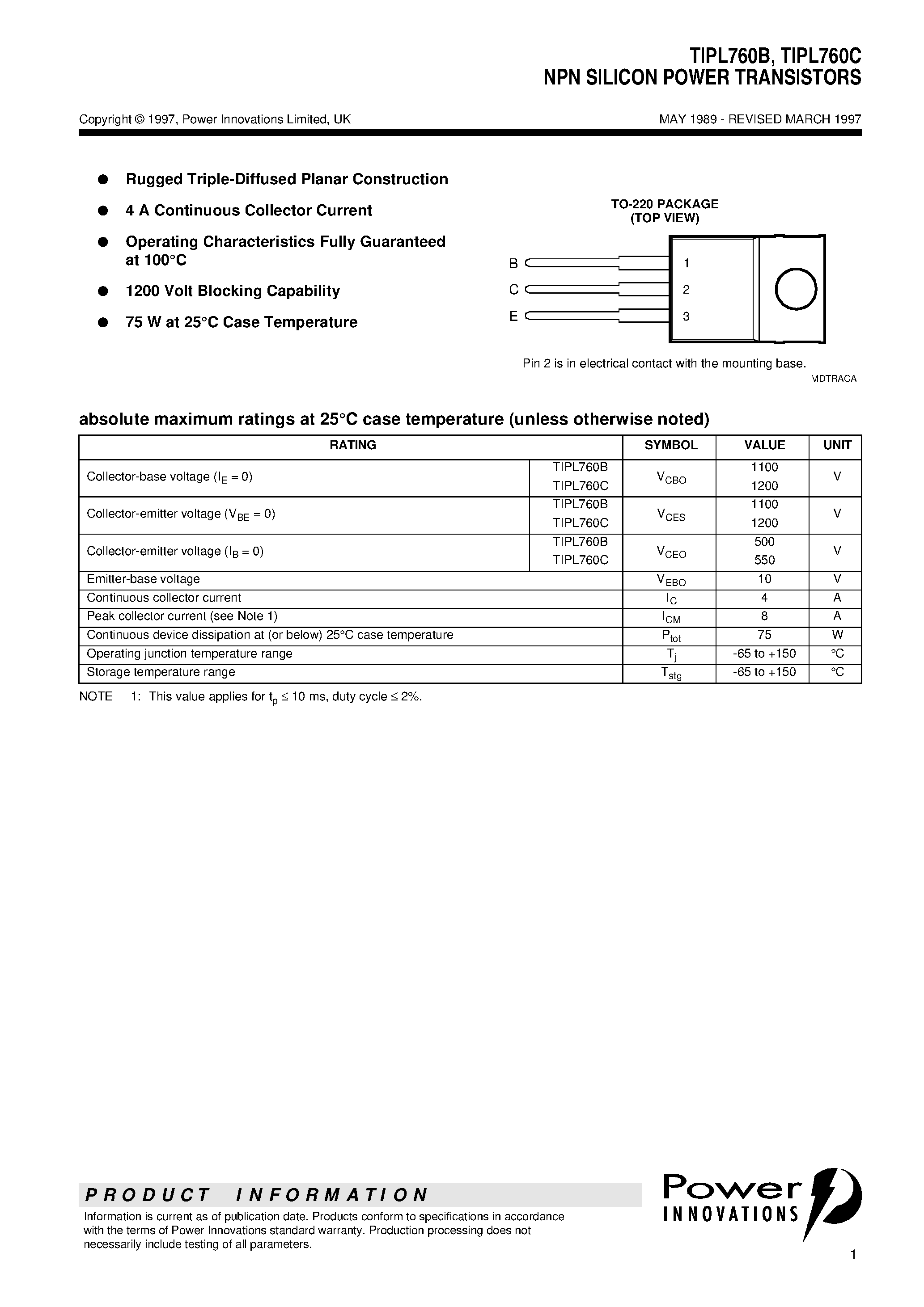 Даташит TIPL760B - NPN SILICON POWER TRANSISTORS страница 1