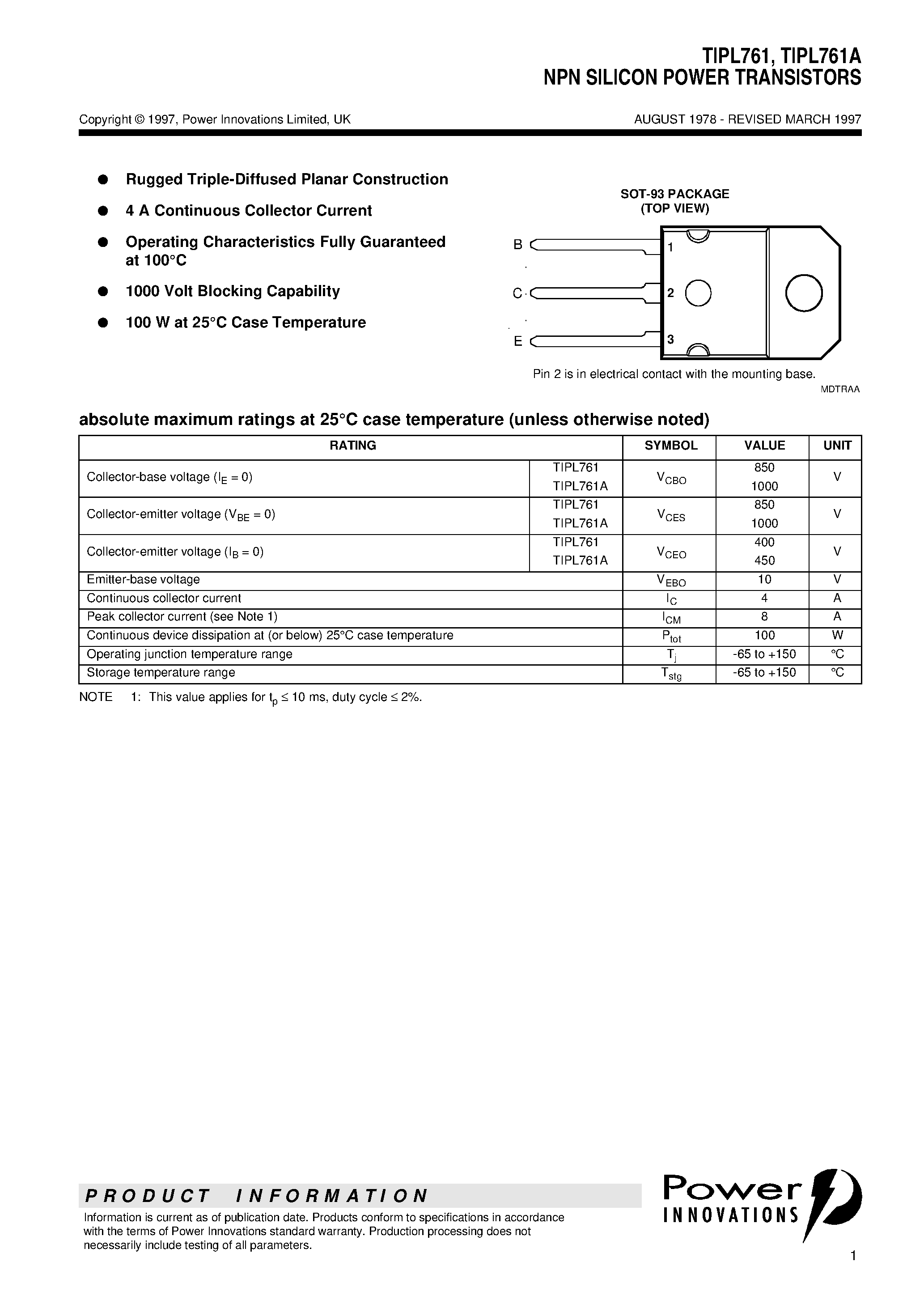 Даташит TIPL761 - NPN SILICON POWER TRANSISTORS страница 1