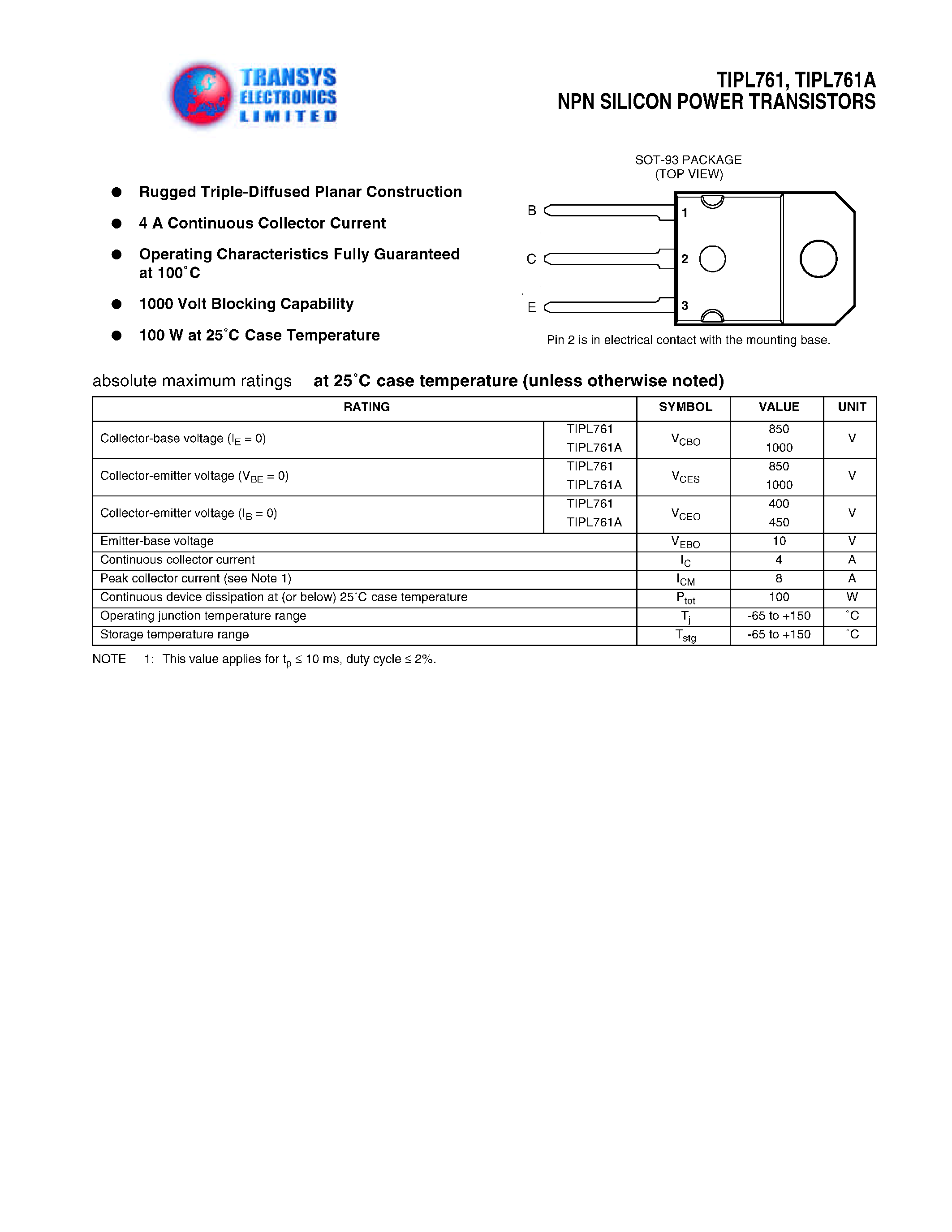 Даташит TIPL761A - NPN SILICON POWER TRANSISTORS страница 1