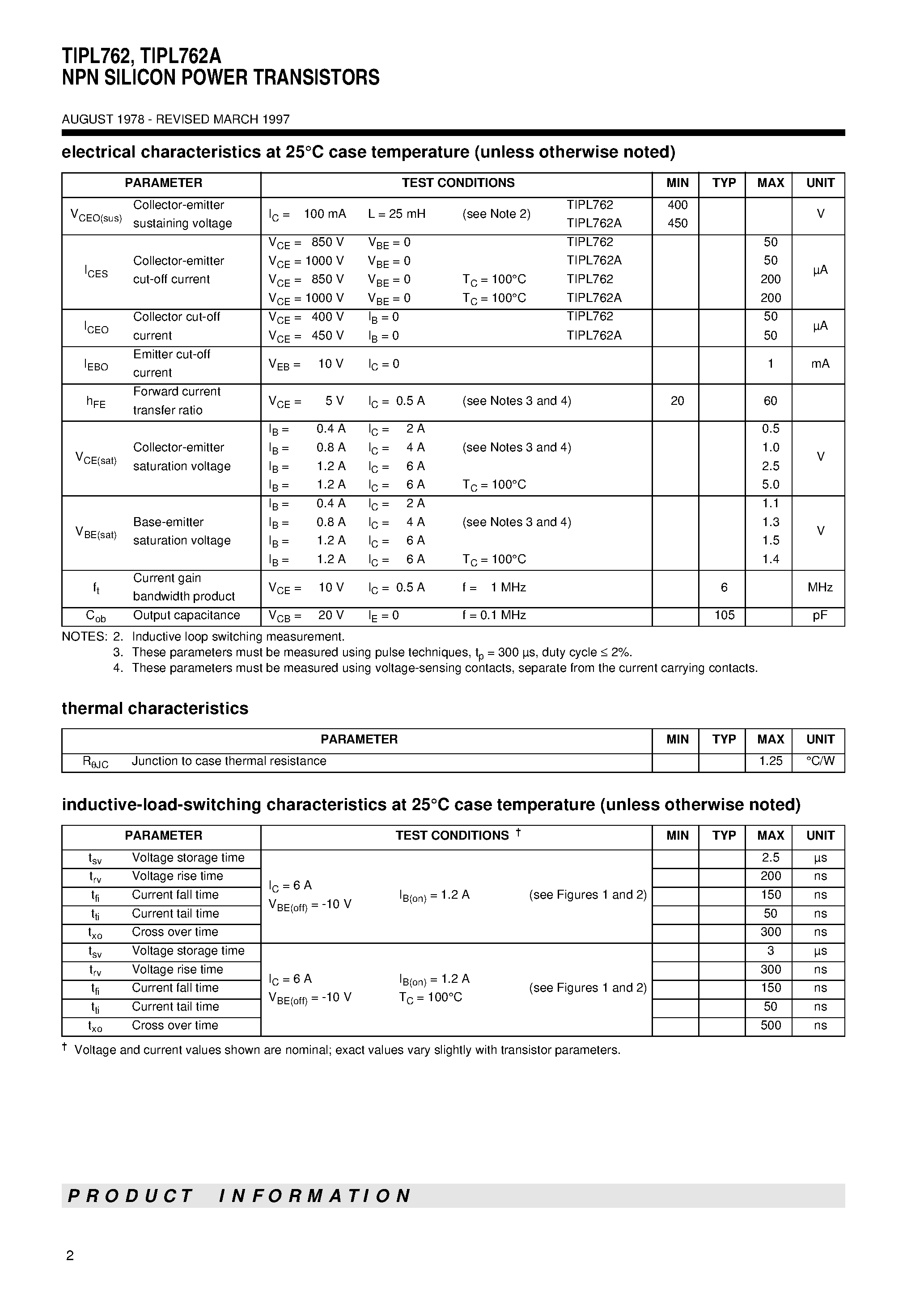 Даташит TIPL762 - NPN SILICON POWER TRANSISTORS страница 2