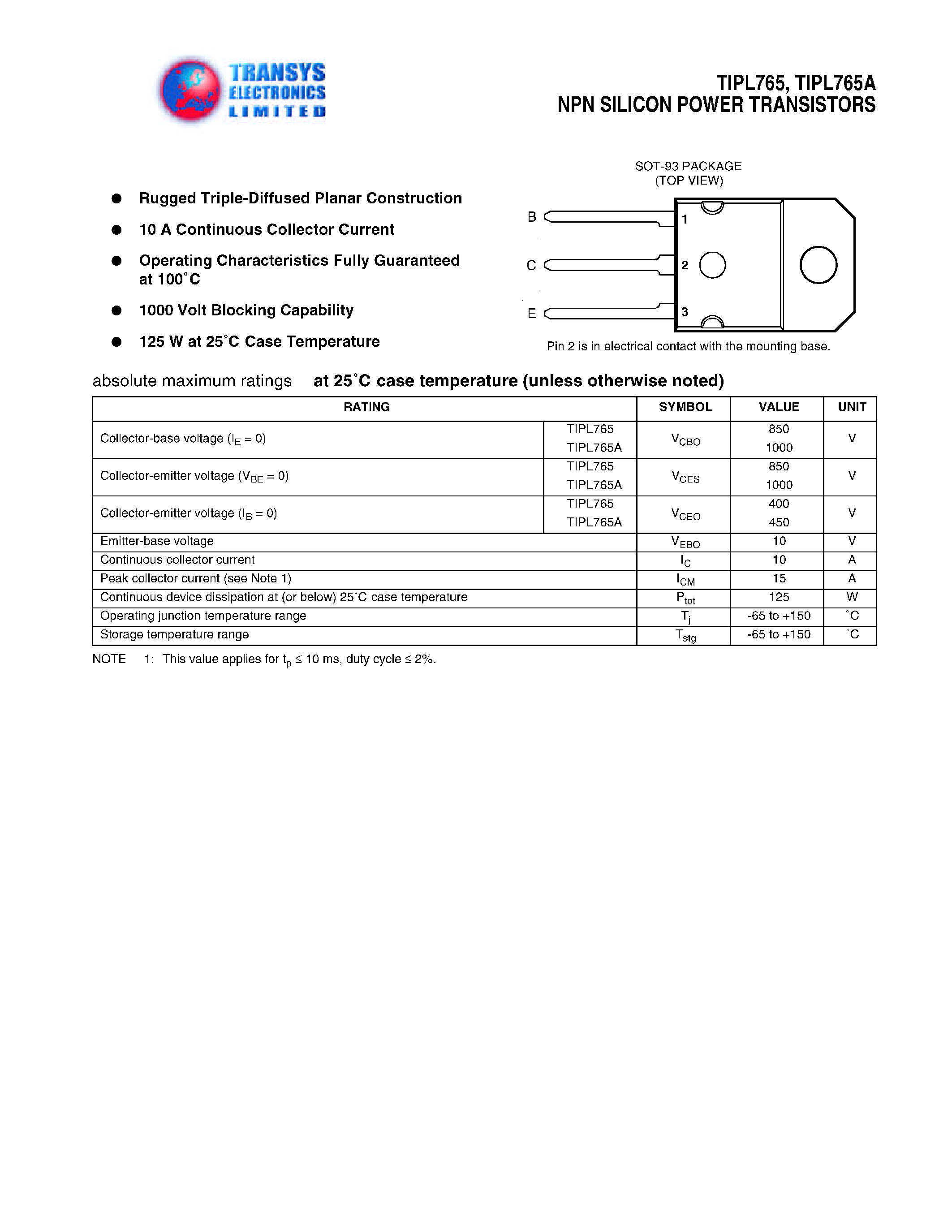 Даташит TIPL765 - NPN SILICON POWER TRANSISTORS страница 1