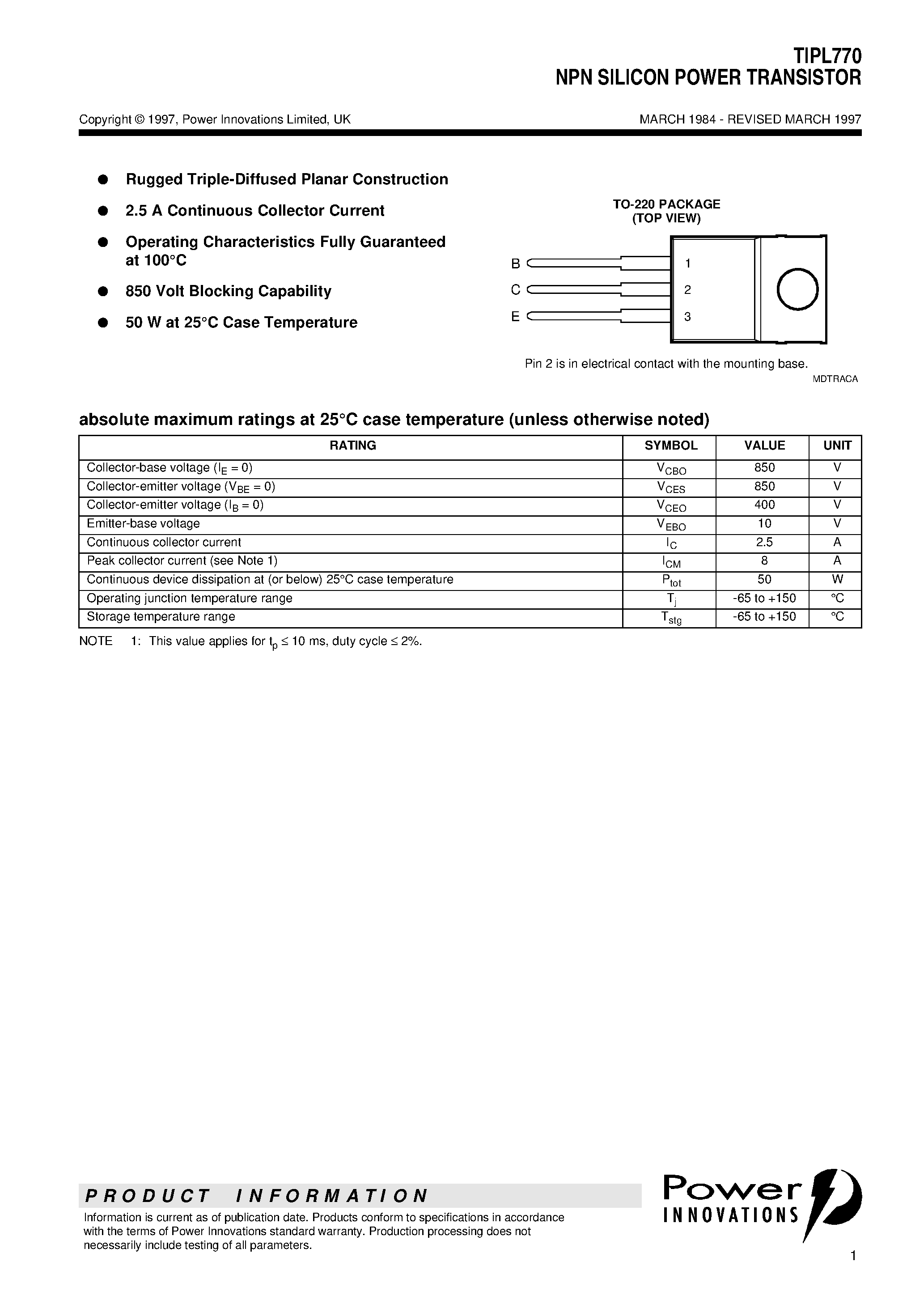 Даташит TIPL770 - NPN SILICON POWER TRANSISTOR страница 1