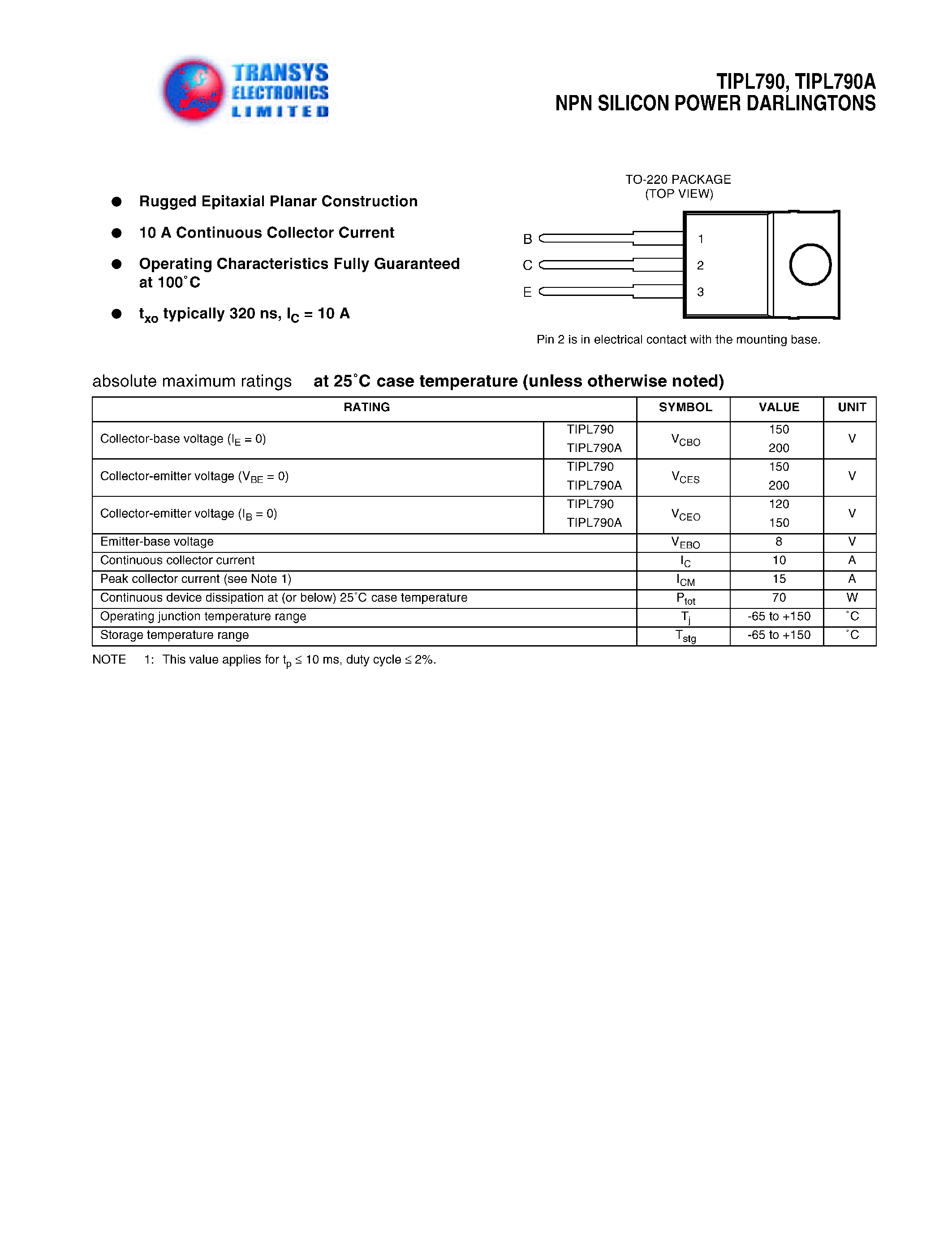 Даташит TIPL790A - NPN SILICON POWER DARLINGTONS страница 1