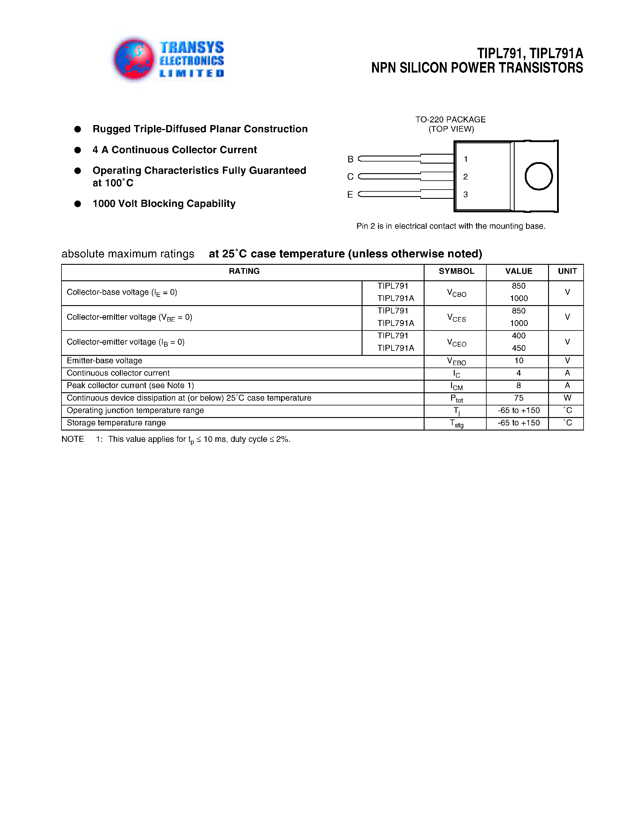 Даташит TIPL791 - NPN SILICON POWER TRANSISTORS страница 1