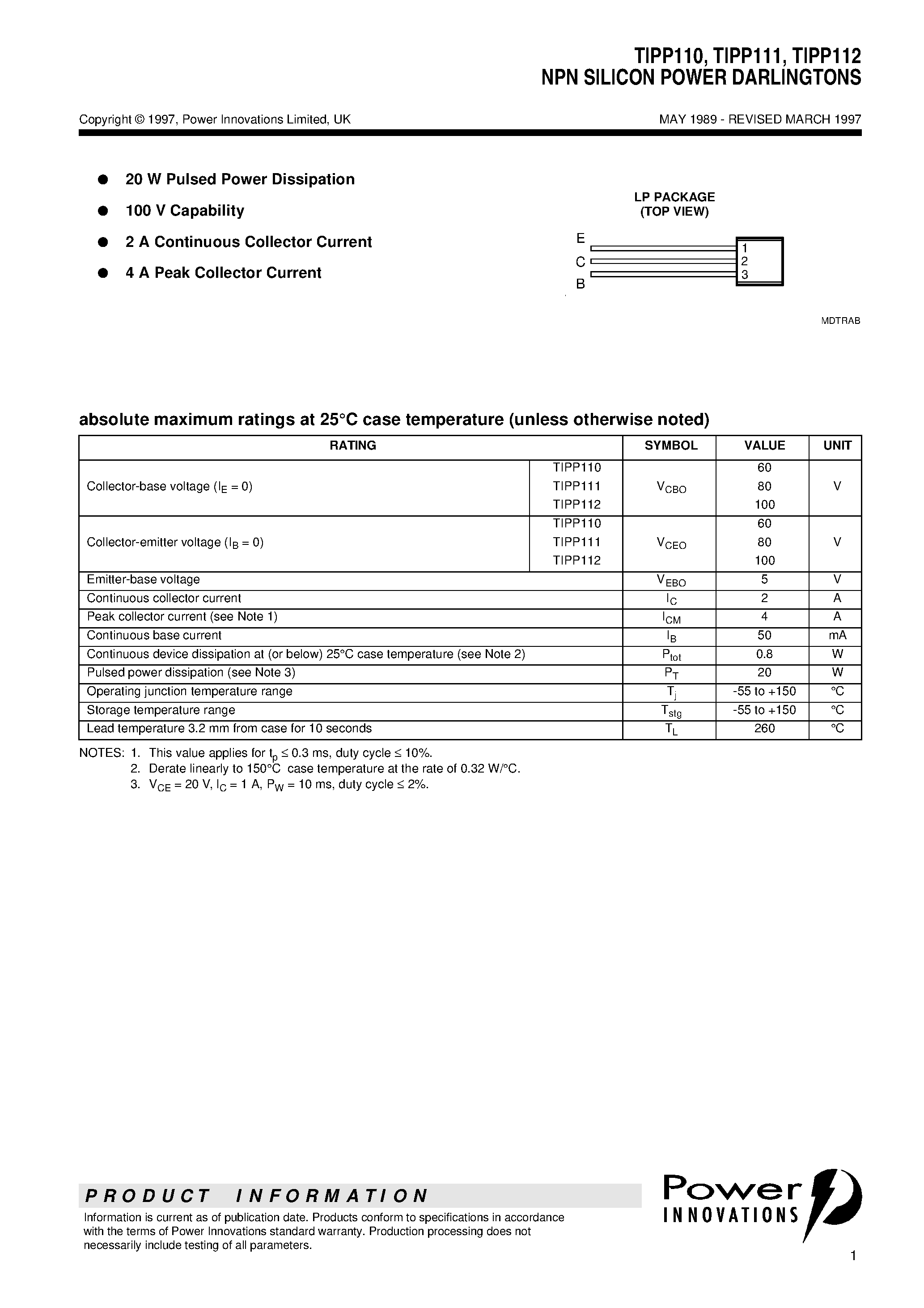 Даташит TIPP110 - NPN SILICON POWER DARLINGTONS страница 1