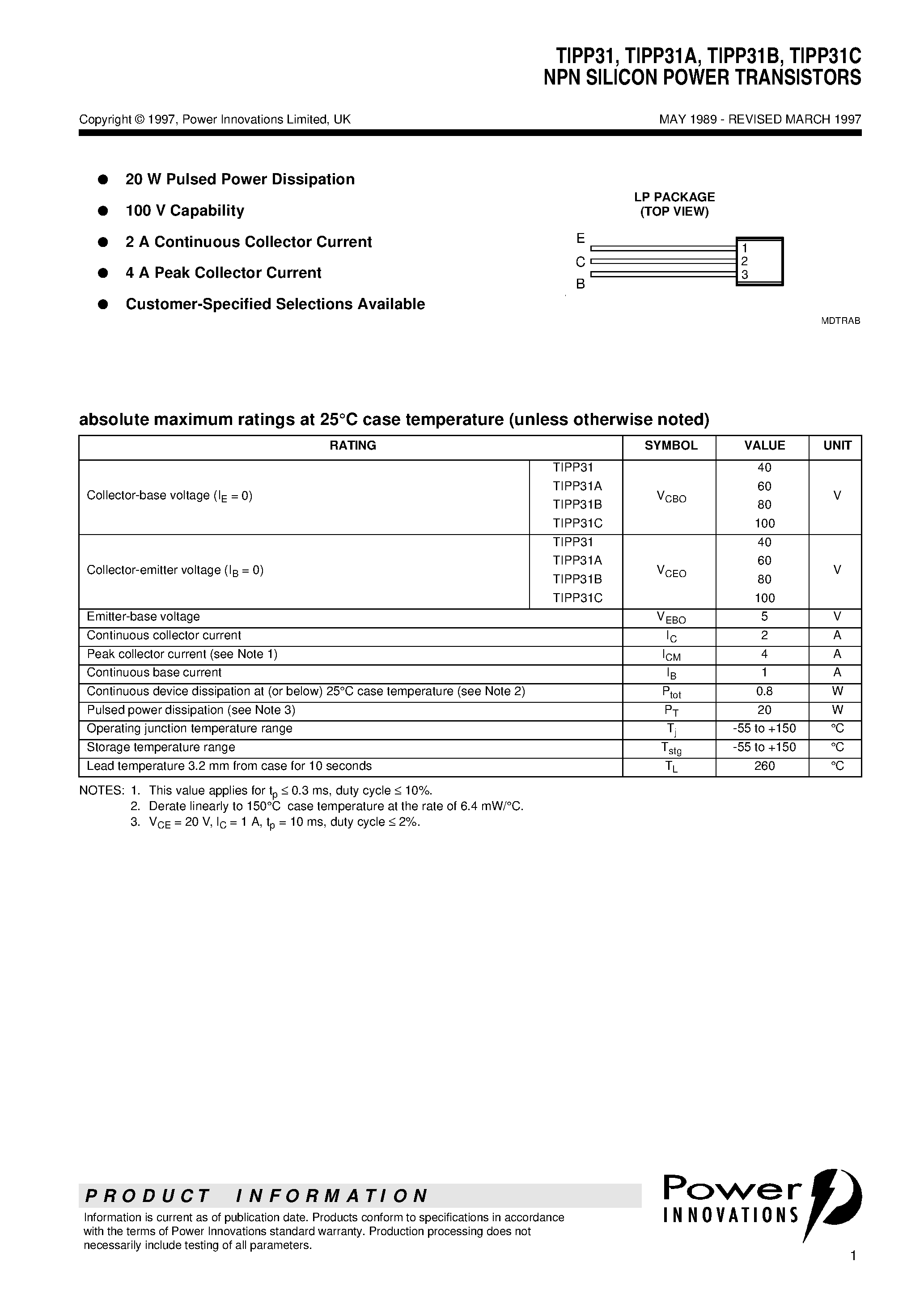 Даташит TIPP31 - NPN SILICON POWER TRANSISTORS страница 1