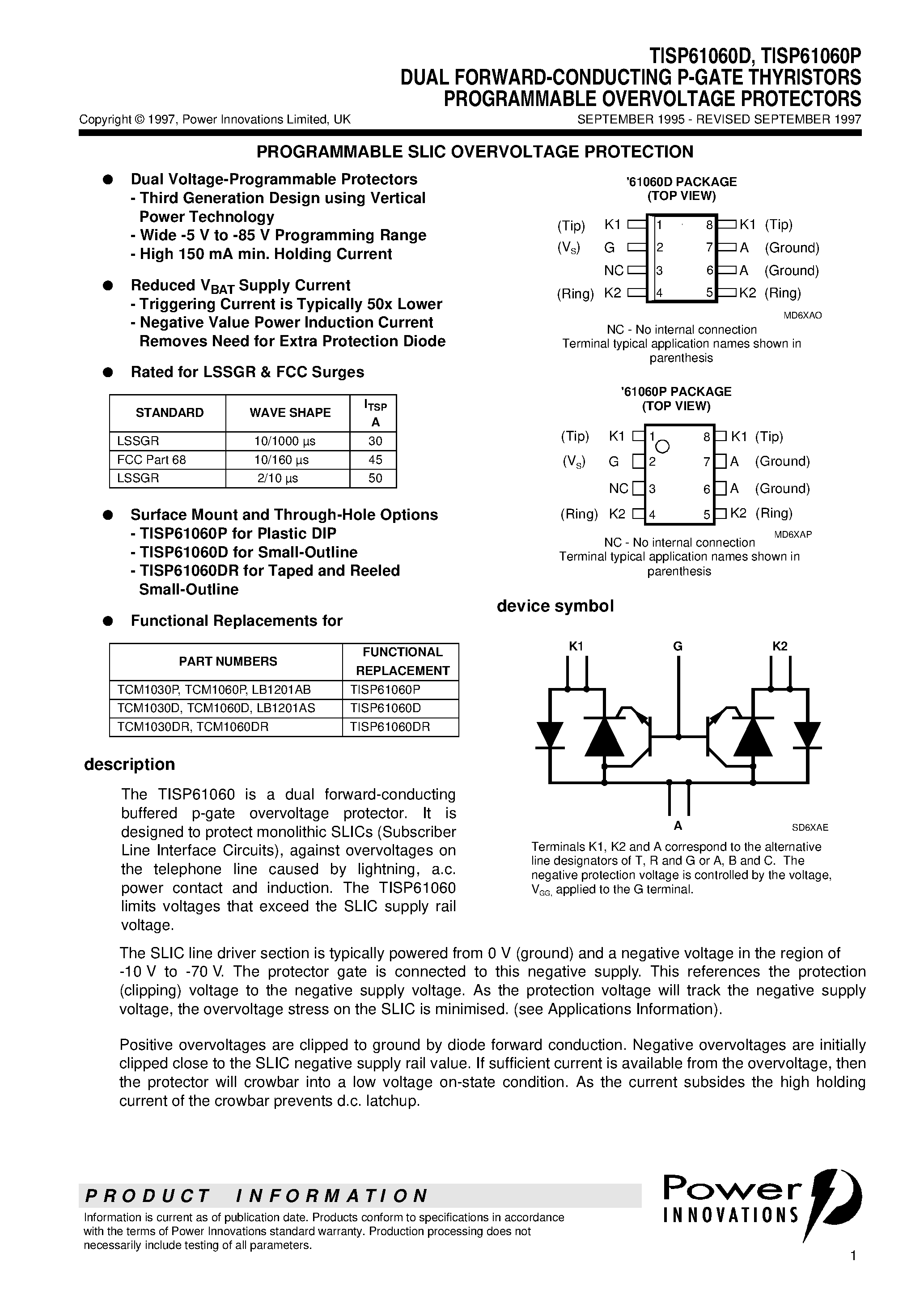 Даташит TISP61060D - DUAL FORWARD-CONDUCTING P-GATE THYRISTORS PROGRAMMABLE OVERVOLTAGE PROTECTORS страница 1